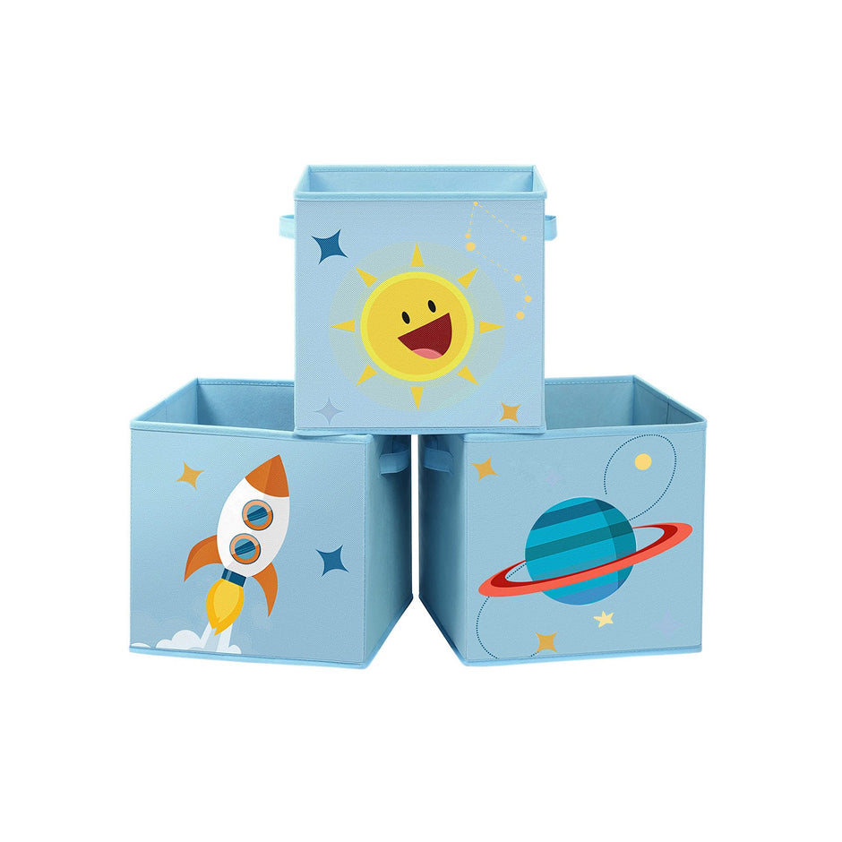 Set of 3 Fabric Cube Storage Bins – Blue and Green – Foldable with Handles – Space Theme