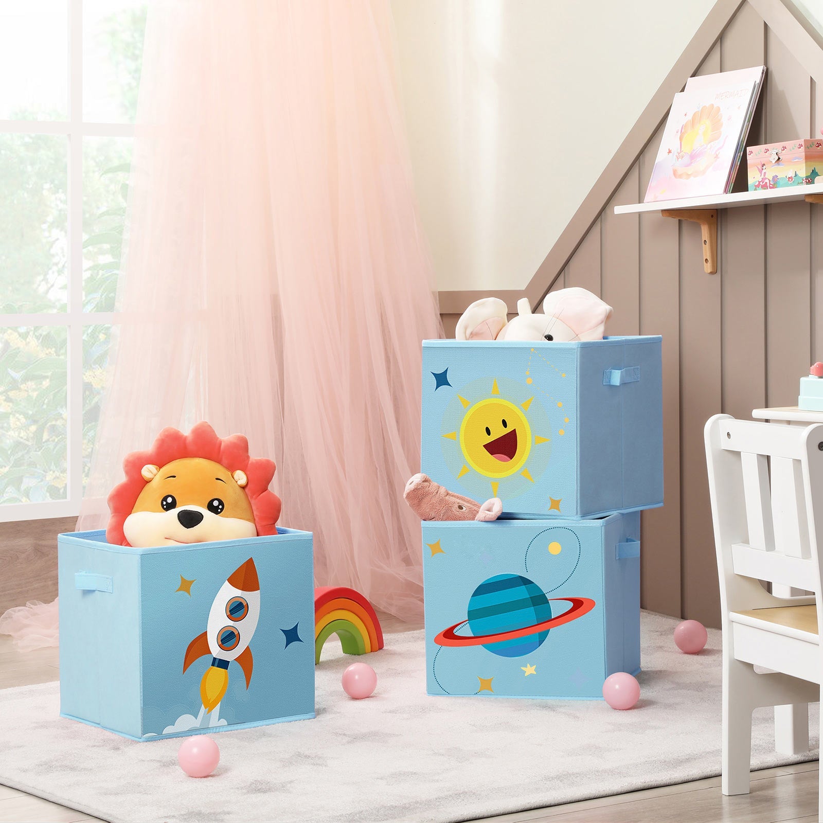 Set of 3 Fabric Cube Storage Bins – Blue and Green – Foldable with Handles – Space Theme