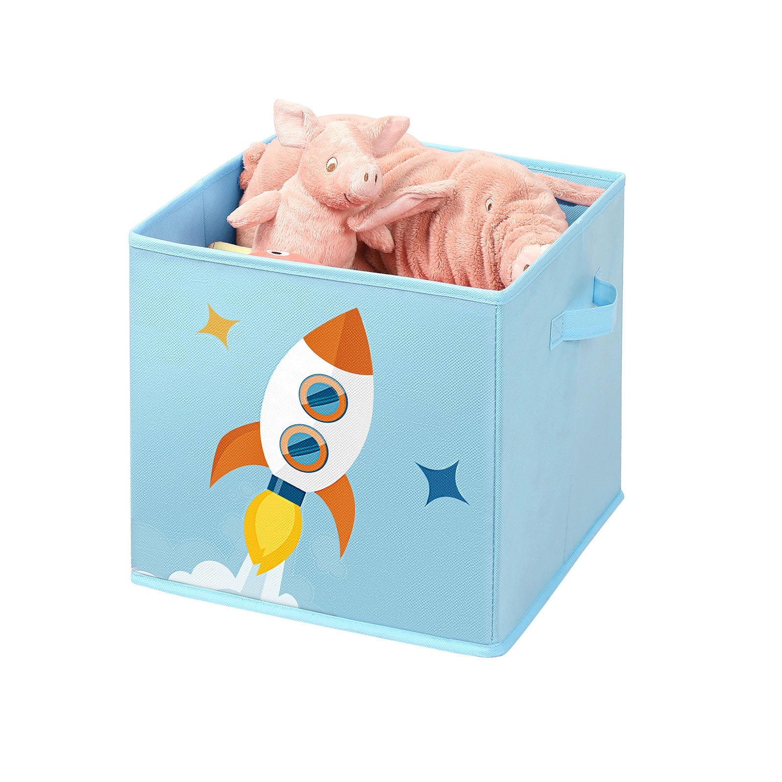 Set of 3 Fabric Cube Storage Bins – Blue and Green – Foldable with Handles – Space Theme