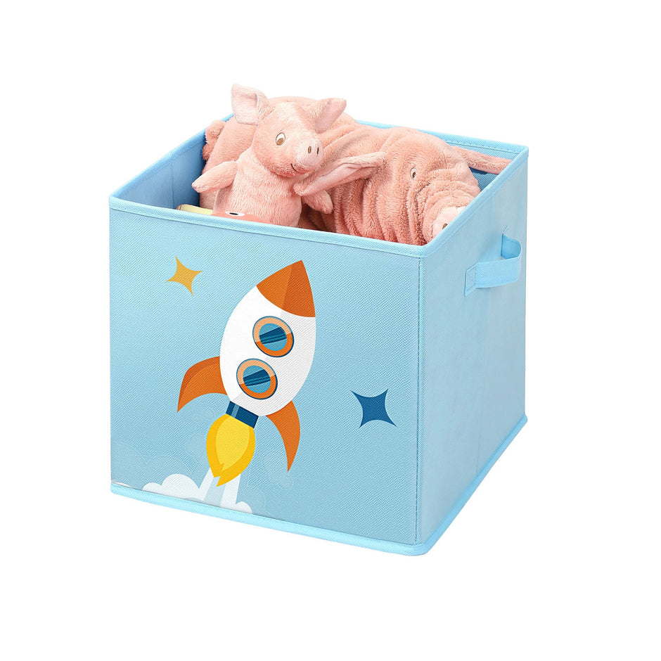 Set of 3 Fabric Cube Storage Bins – Blue and Green – Foldable with Handles – Space Theme