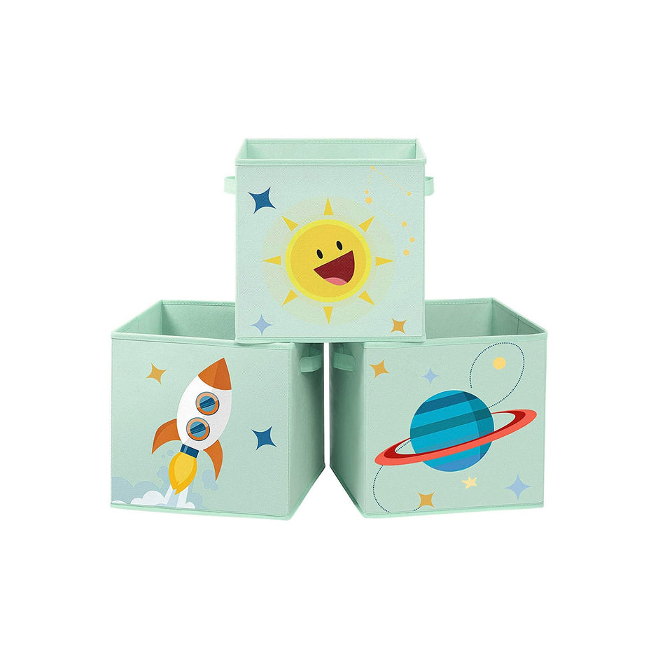 Set of 3 Foldable Toy Storage Boxes – Fabric – Green, Blue, Pink – Space Theme with Handles
