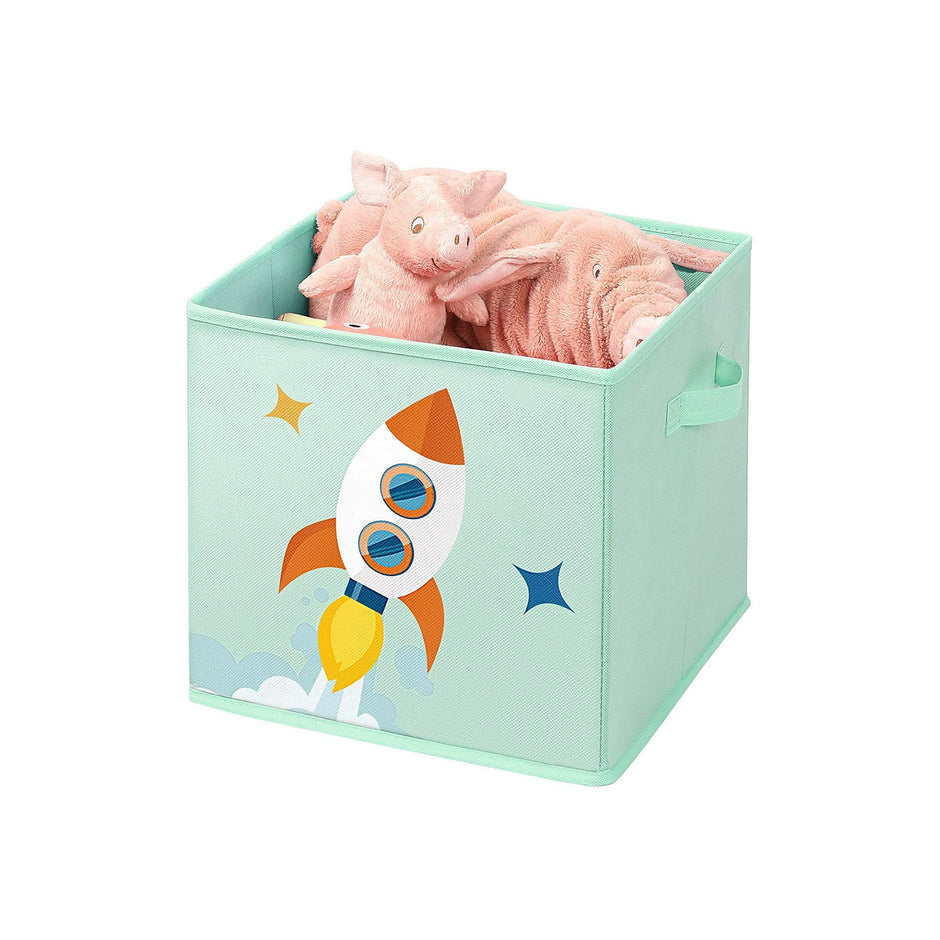 Set of 3 Foldable Toy Storage Boxes – Fabric – Green, Blue, Pink – Space Theme with Handles