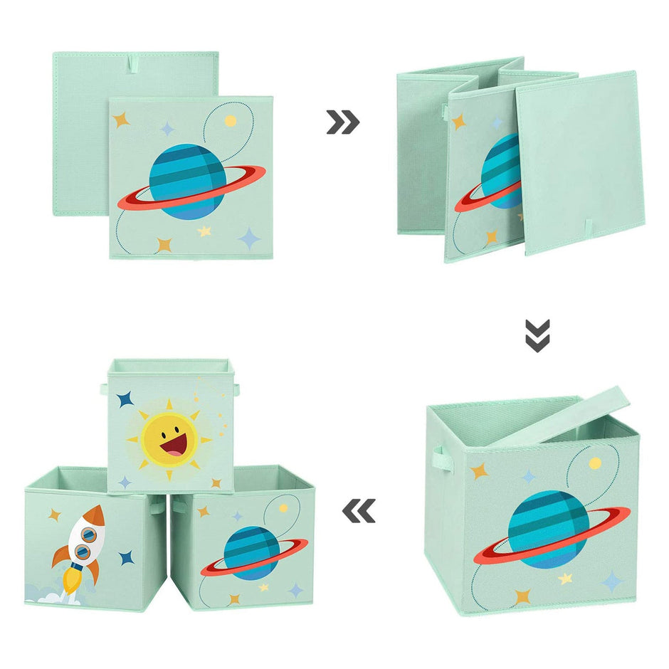 Set of 3 Foldable Toy Storage Boxes – Fabric – Green, Blue, Pink – Space Theme with Handles