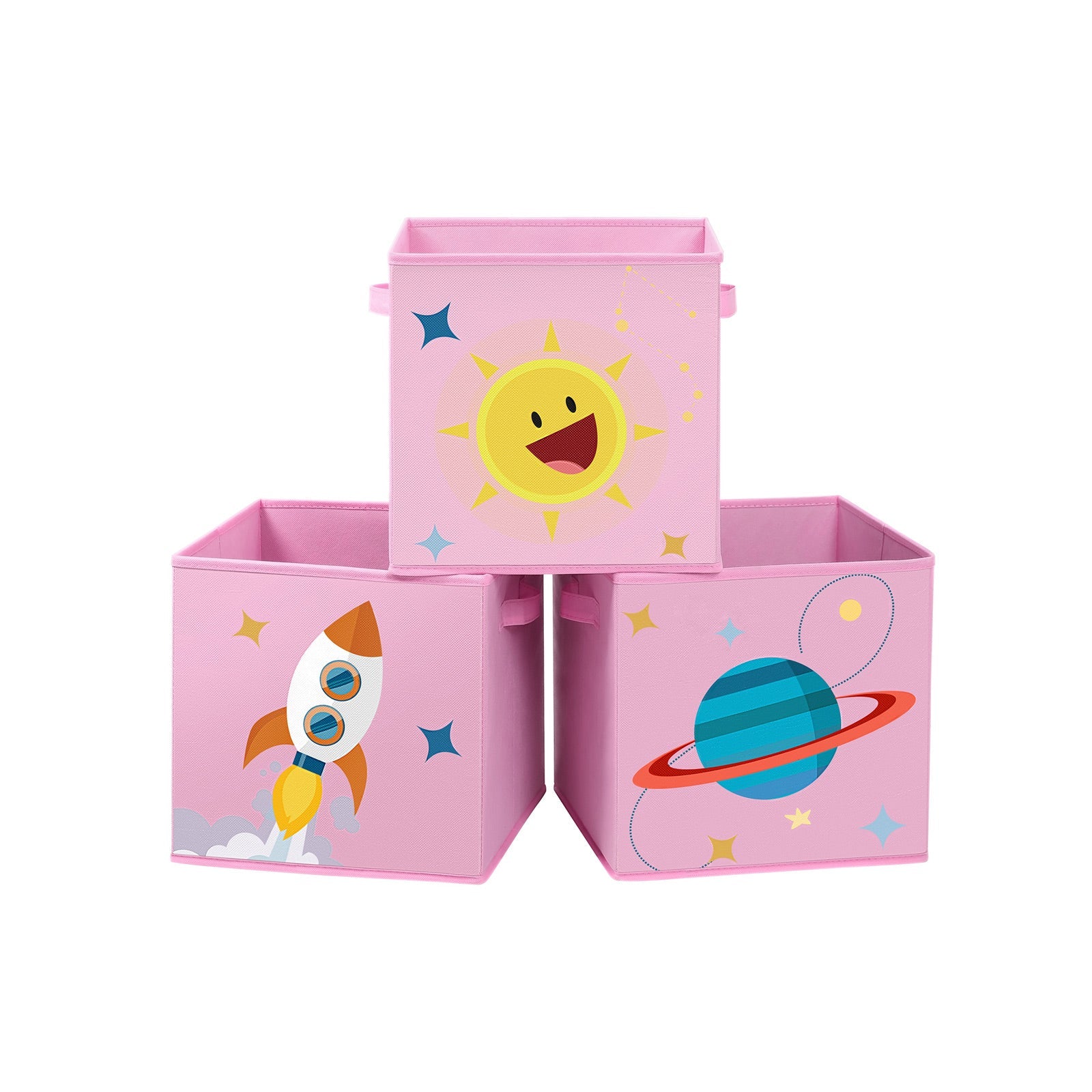 Set of 3 Fabric Storage Boxes – Pink – Foldable Design with Handles – Space Theme