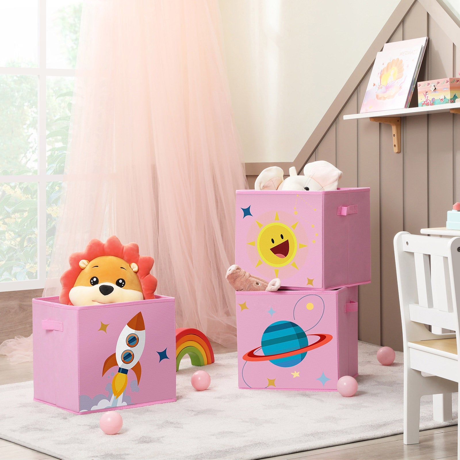 Set of 3 Fabric Storage Boxes – Pink – Foldable Design with Handles – Space Theme