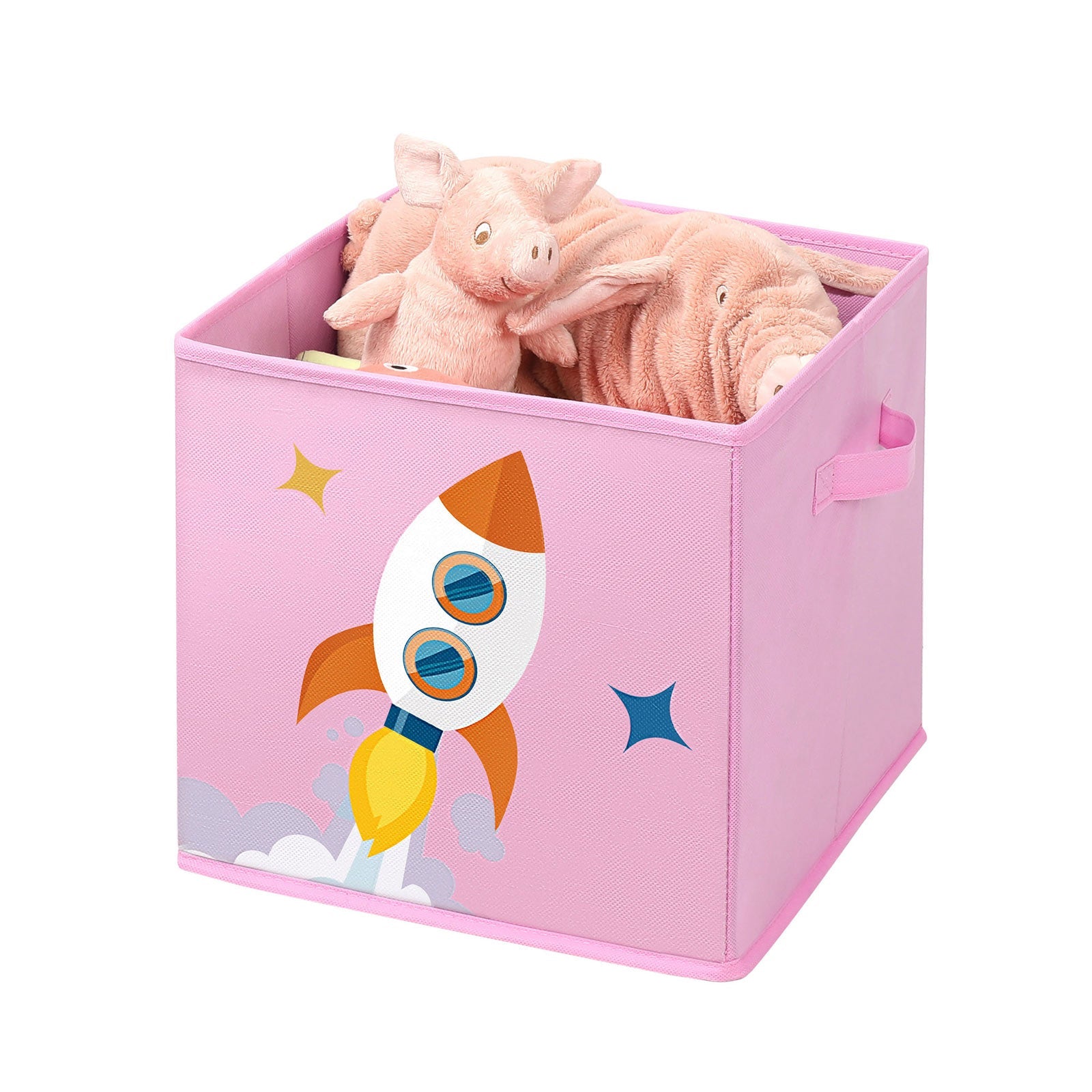 Set of 3 Fabric Storage Boxes – Pink – Foldable Design with Handles – Space Theme