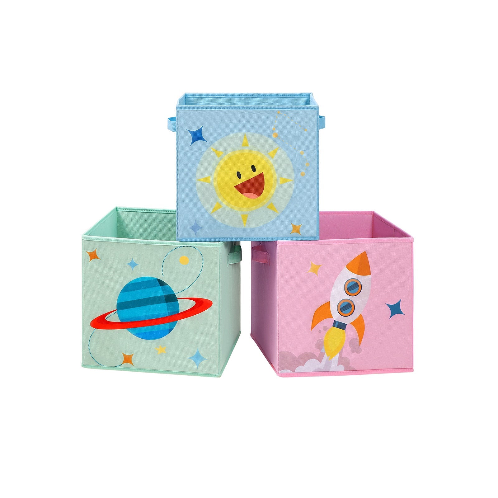 Set of 3 Foldable Storage Organizer Boxes – Fabric – Blue, Green, Pink – Space Theme with Handles