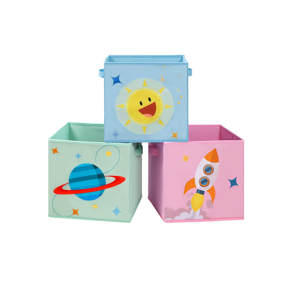 Set of 3 Foldable Storage Organizer Boxes – Fabric – Blue, Green, Pink – Space Theme with Handles