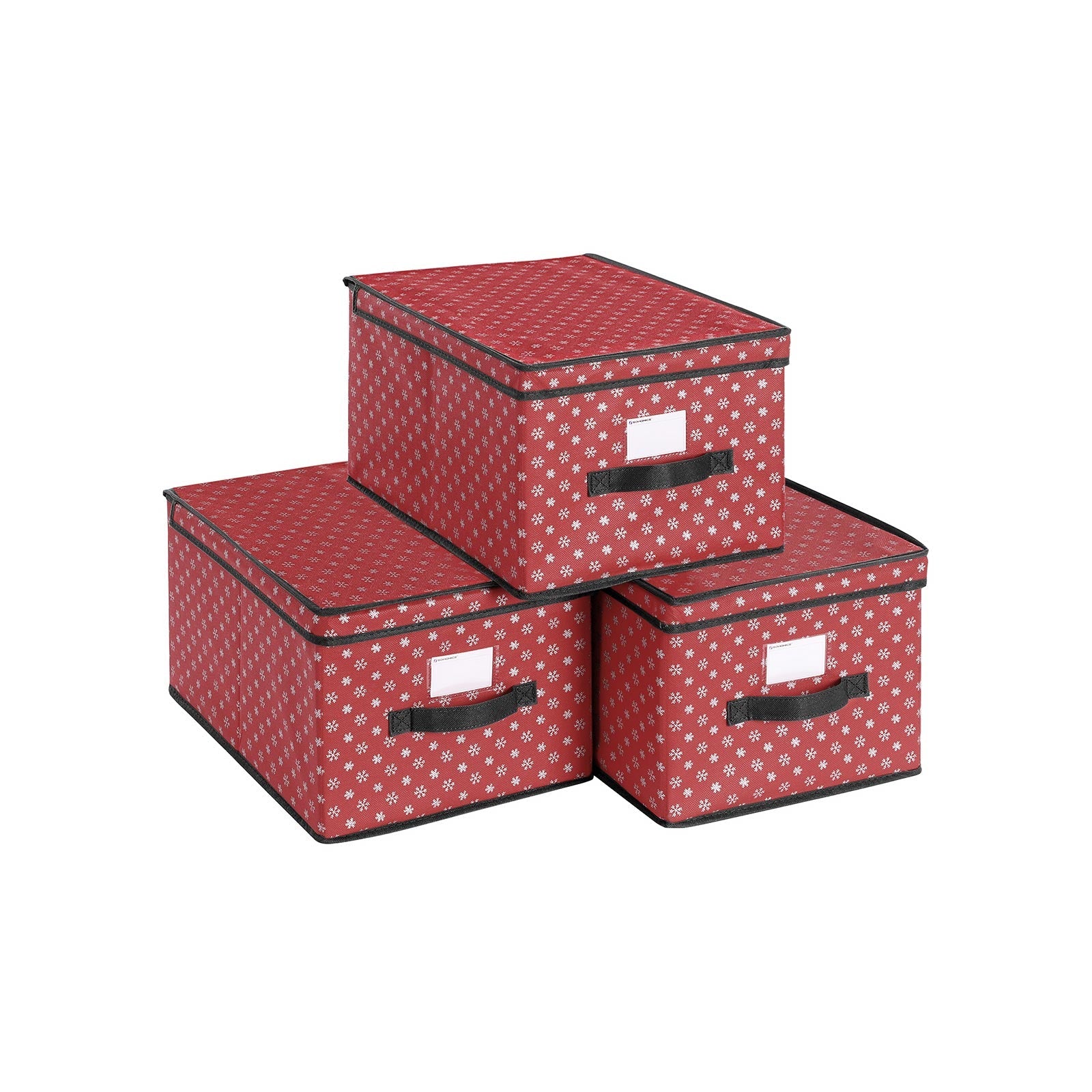 Set of 3 Foldable Fabric Storage Boxes – Red with Snowflakes – Lidded for Closet Organization