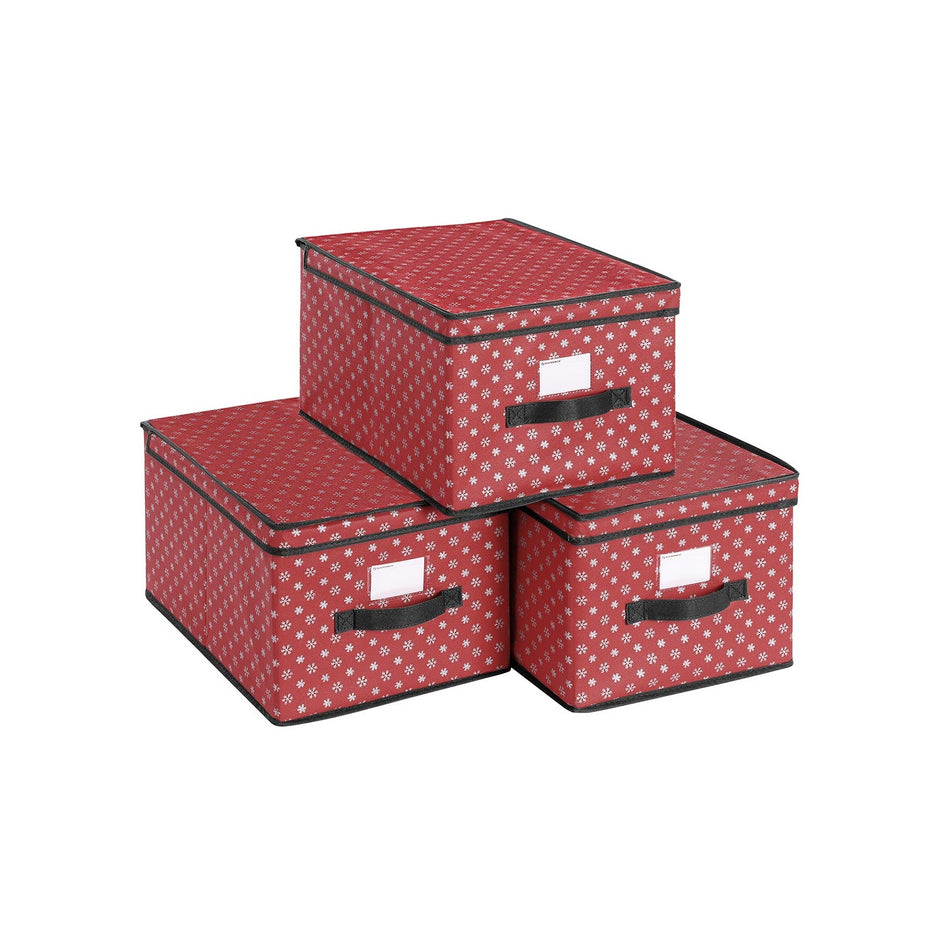 Set of 3 Foldable Fabric Storage Boxes – Red with Snowflakes – Lidded for Closet Organization