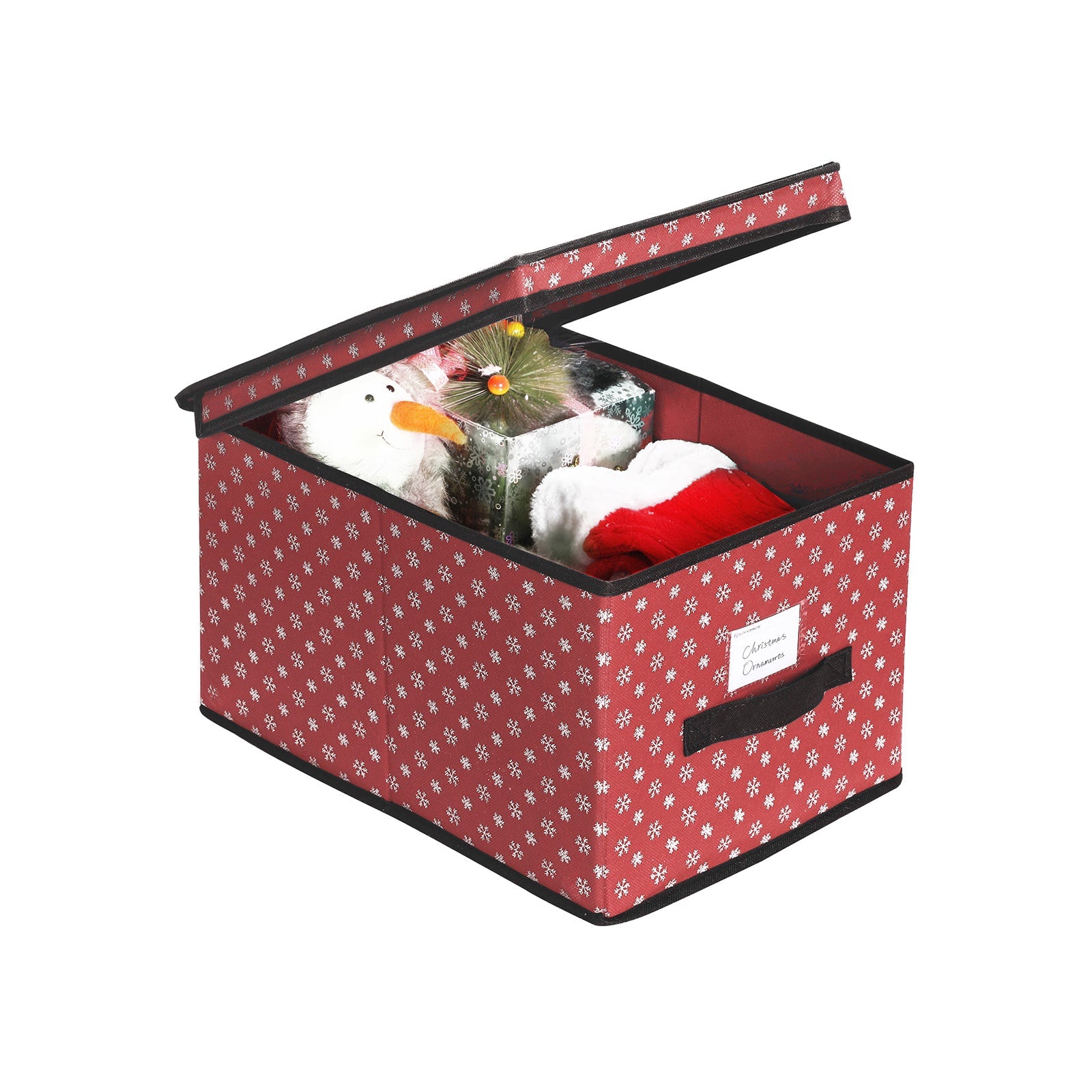 Set of 3 Foldable Fabric Storage Boxes – Red with Snowflakes – Lidded for Closet Organization