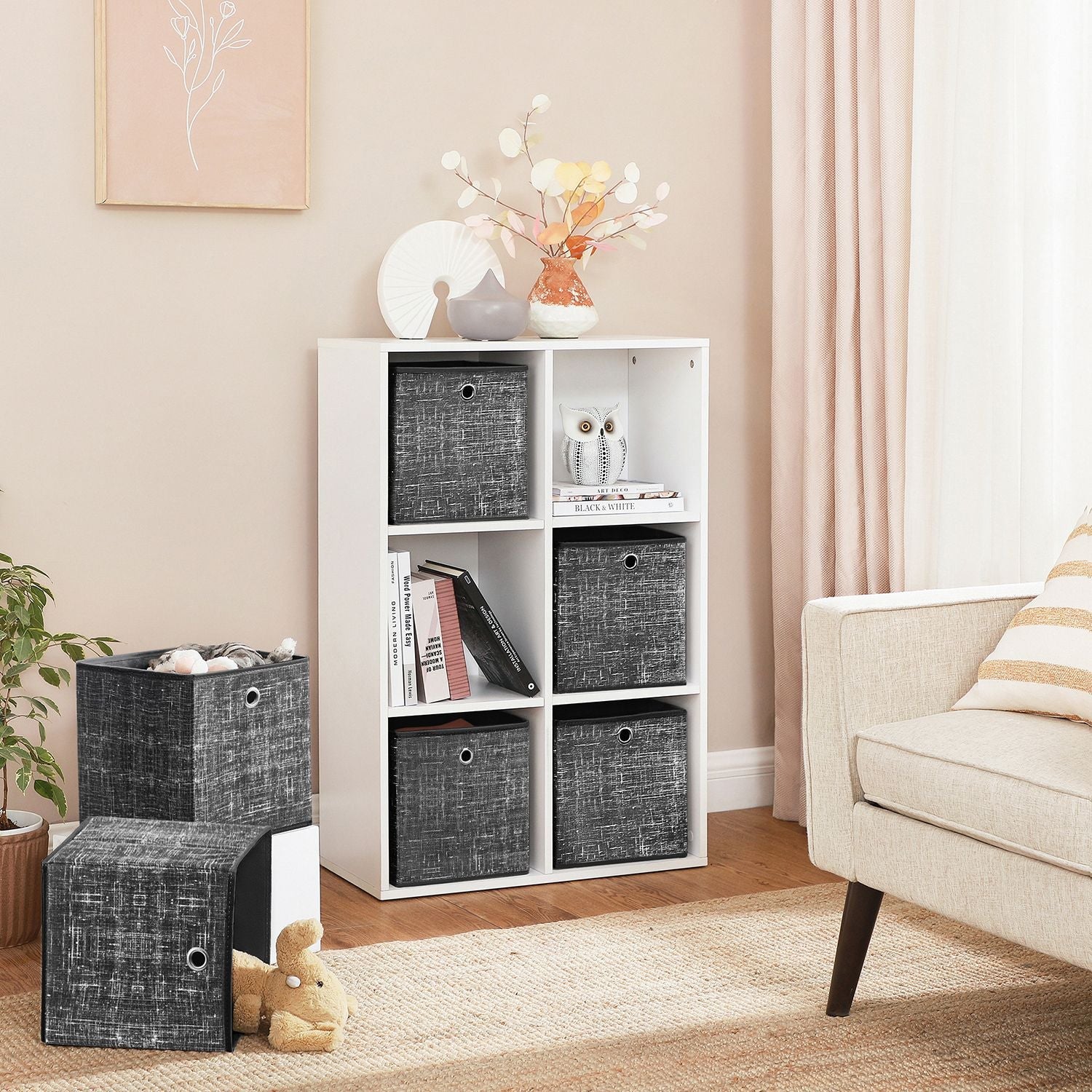 Set of 6 Foldable Non-Woven Fabric Storage Boxes – Gray – Includes Handle – 30 x 30 x 30 cm