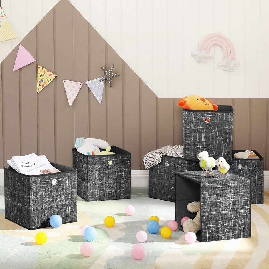 Set of 6 Foldable Non-Woven Fabric Storage Boxes – Gray – Includes Handle – 30 x 30 x 30 cm