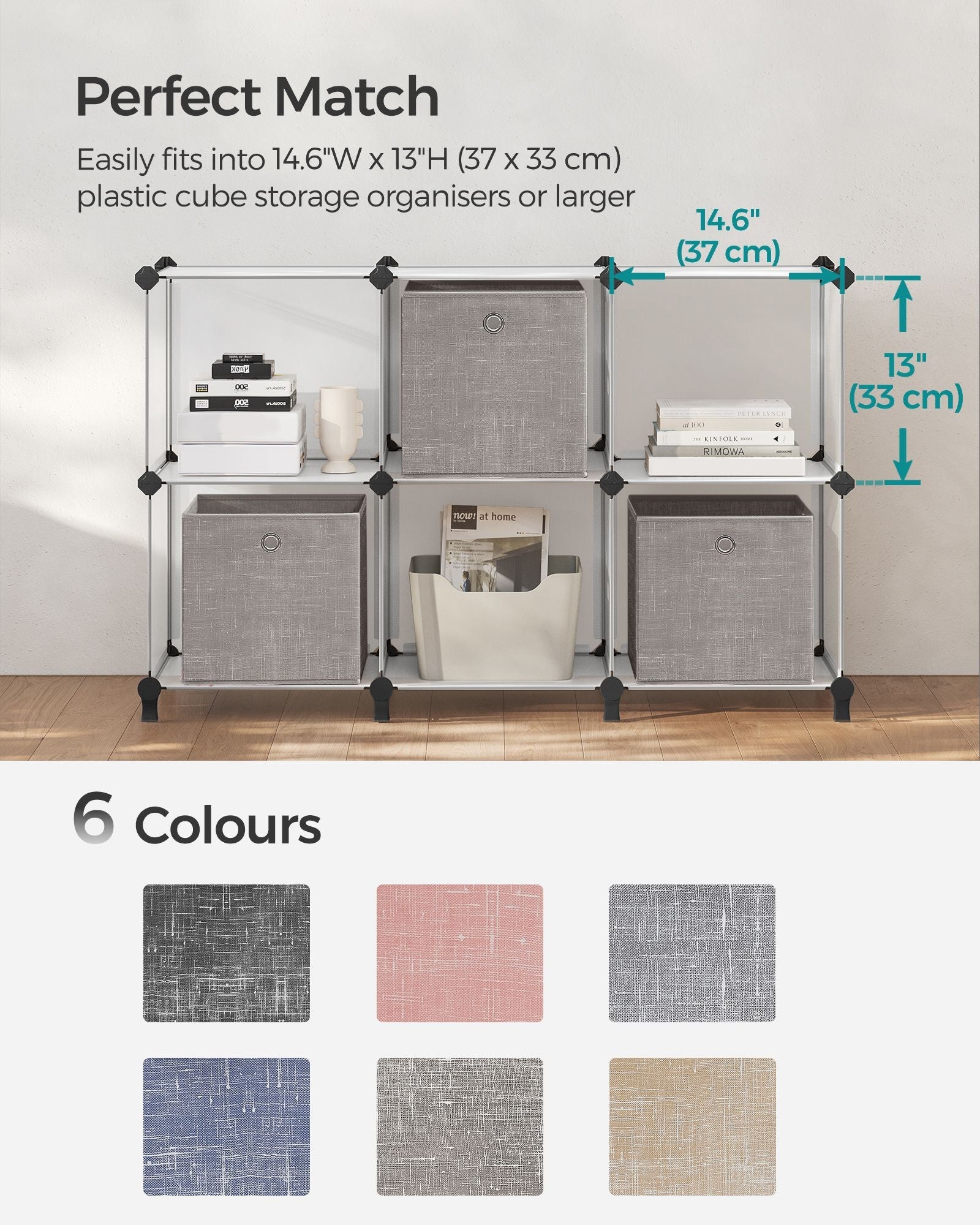 Set of 6 Foldable Non-Woven Fabric Storage Boxes – Gray – Includes Handle – 30 x 30 x 30 cm