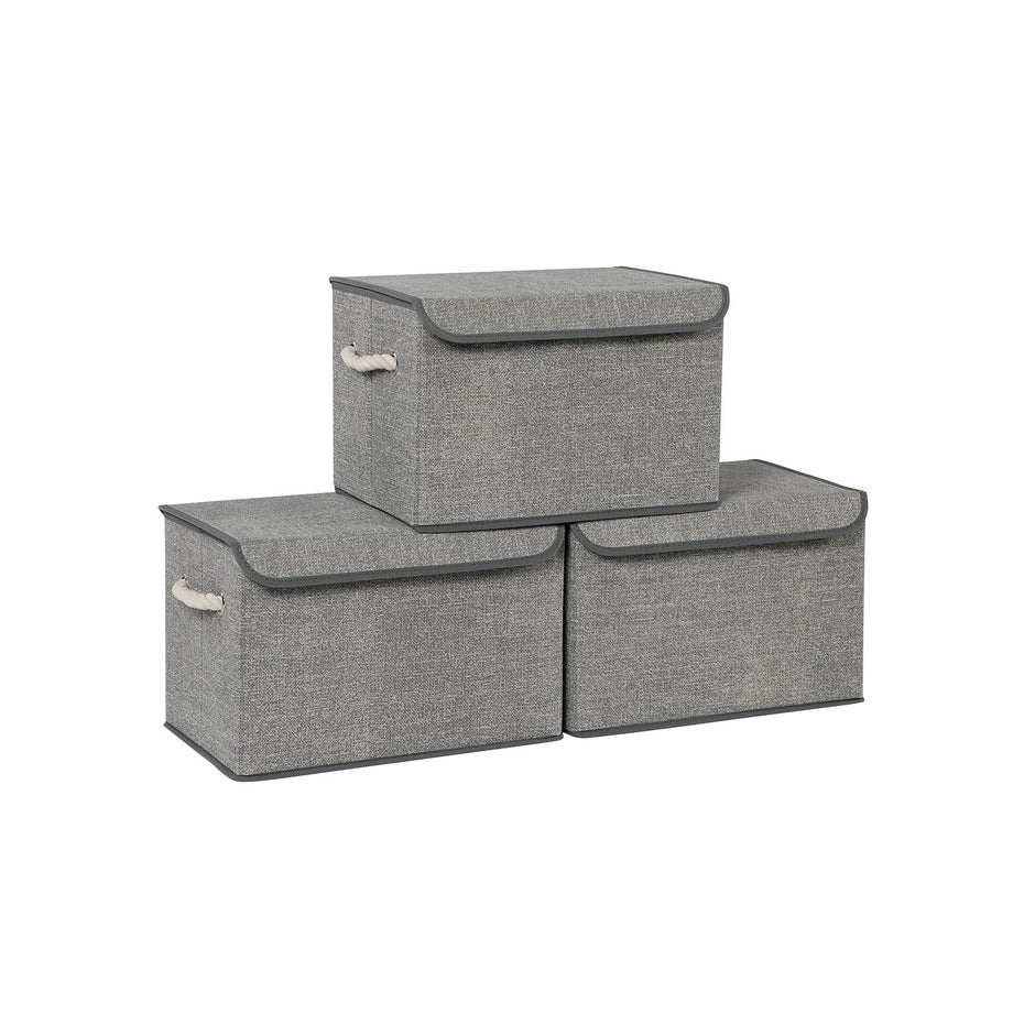 Set of 3 Fabric Storage Boxes – Linen – Grey – with Lid and Cotton Handles