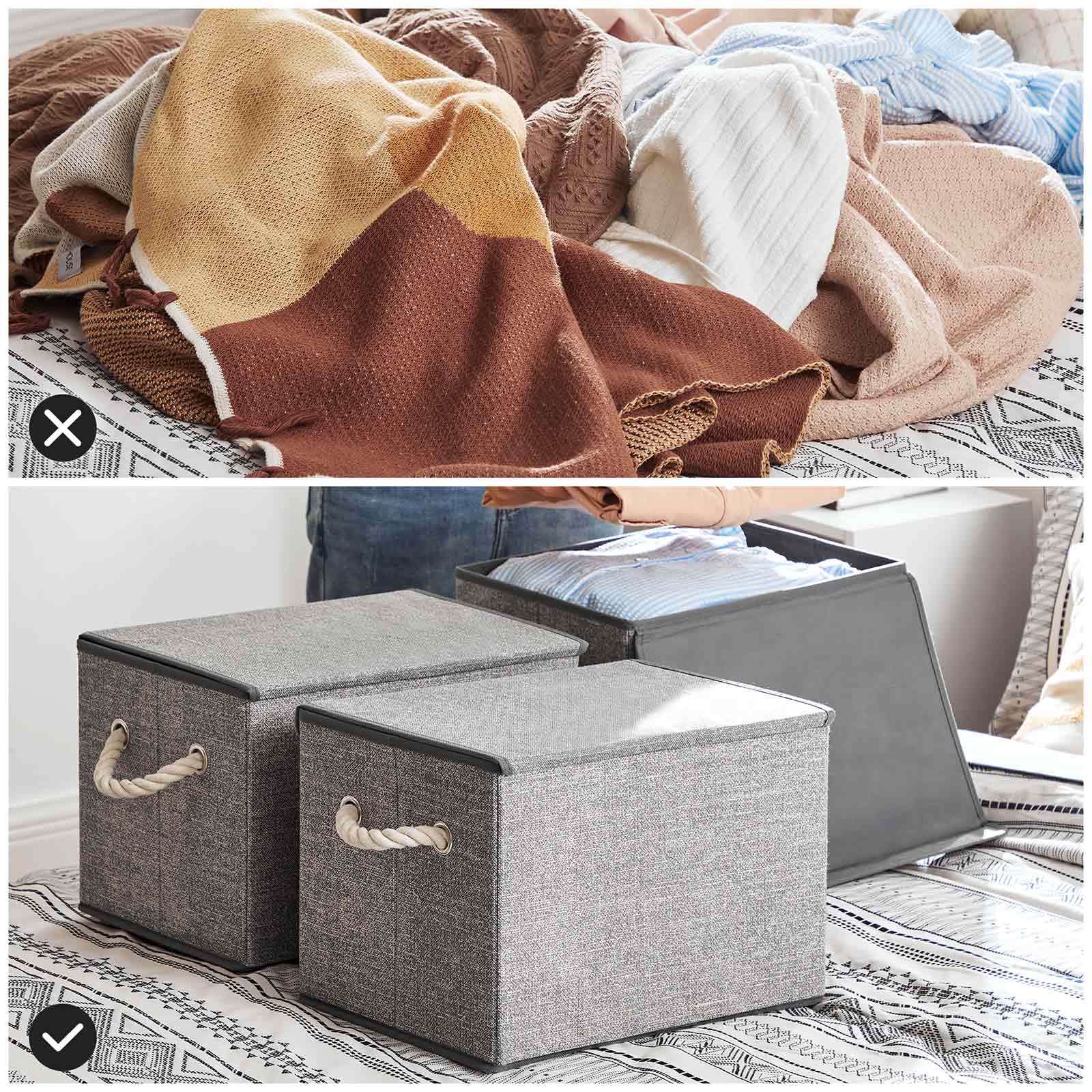 Set of 3 Fabric Storage Boxes – Linen – Grey – with Lid and Cotton Handles
