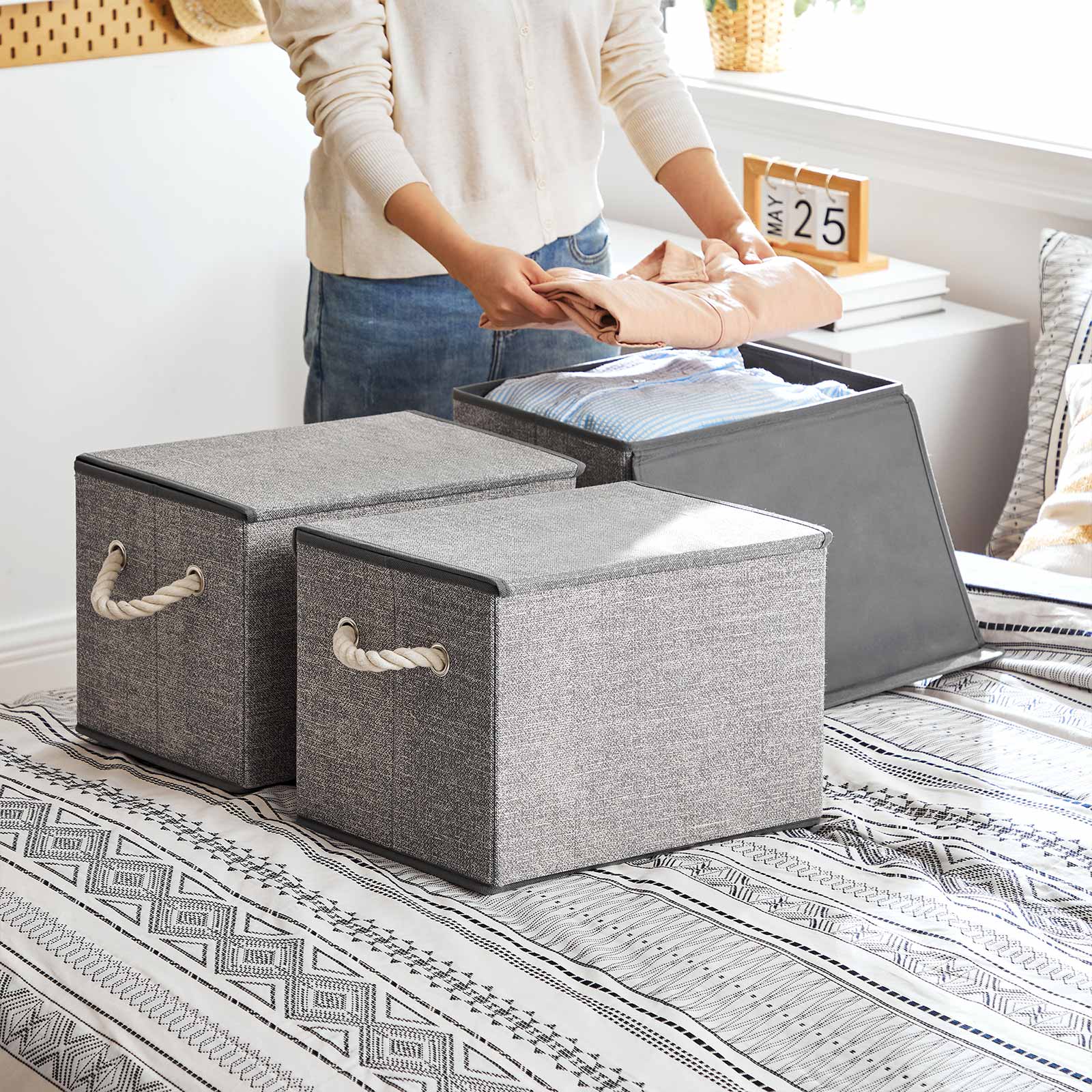 Set of 3 Fabric Storage Boxes – Linen – Grey – with Lid and Cotton Handles