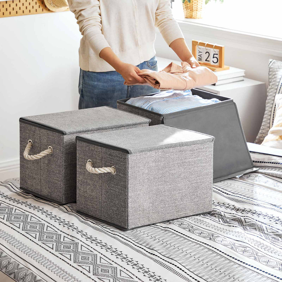 Set of 3 Fabric Storage Boxes – Linen – Grey – with Lid and Cotton Handles