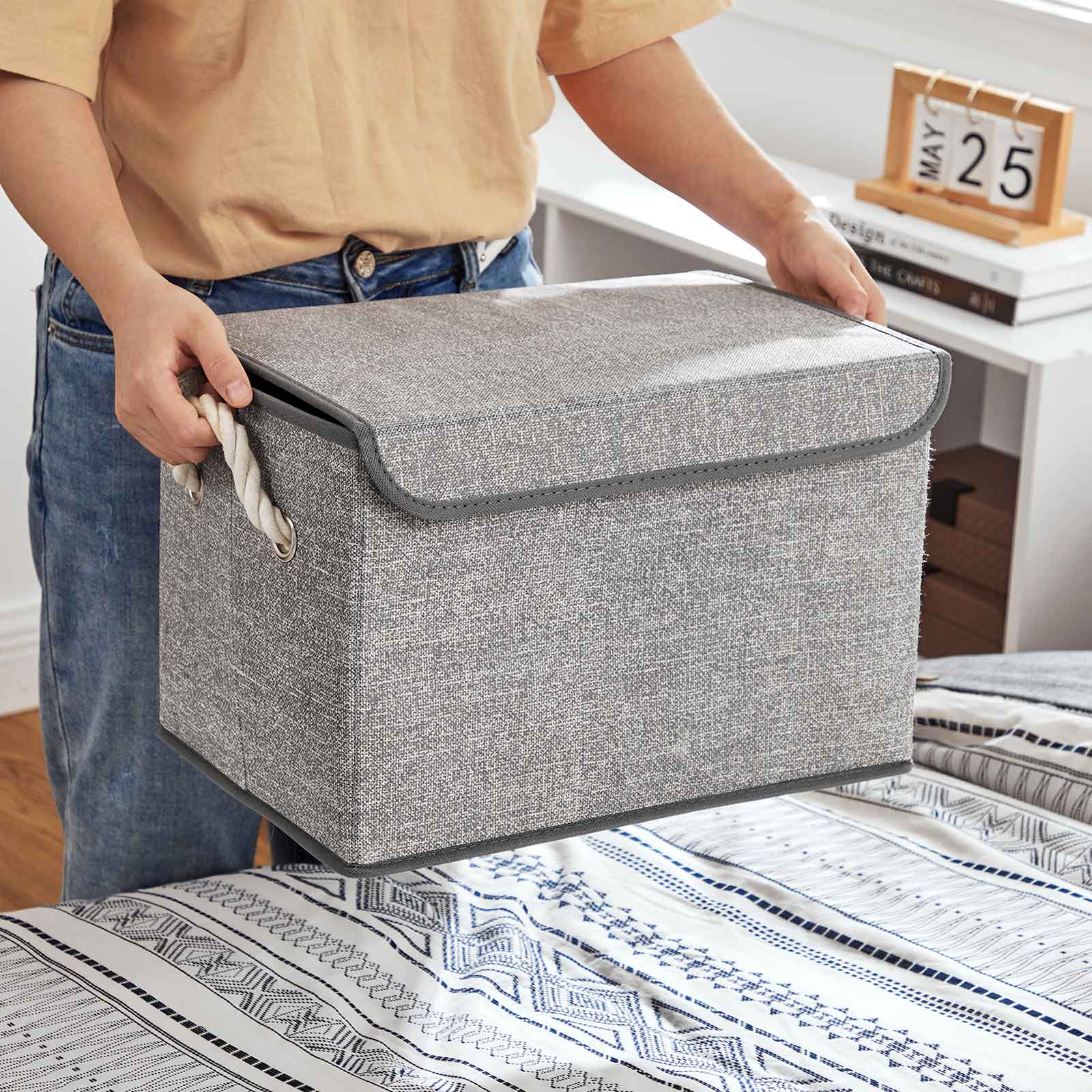 Set of 3 Fabric Storage Boxes – Linen – Grey – with Lid and Cotton Handles