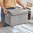 Set of 3 Fabric Storage Boxes – Linen – Grey – with Lid and Cotton Handles