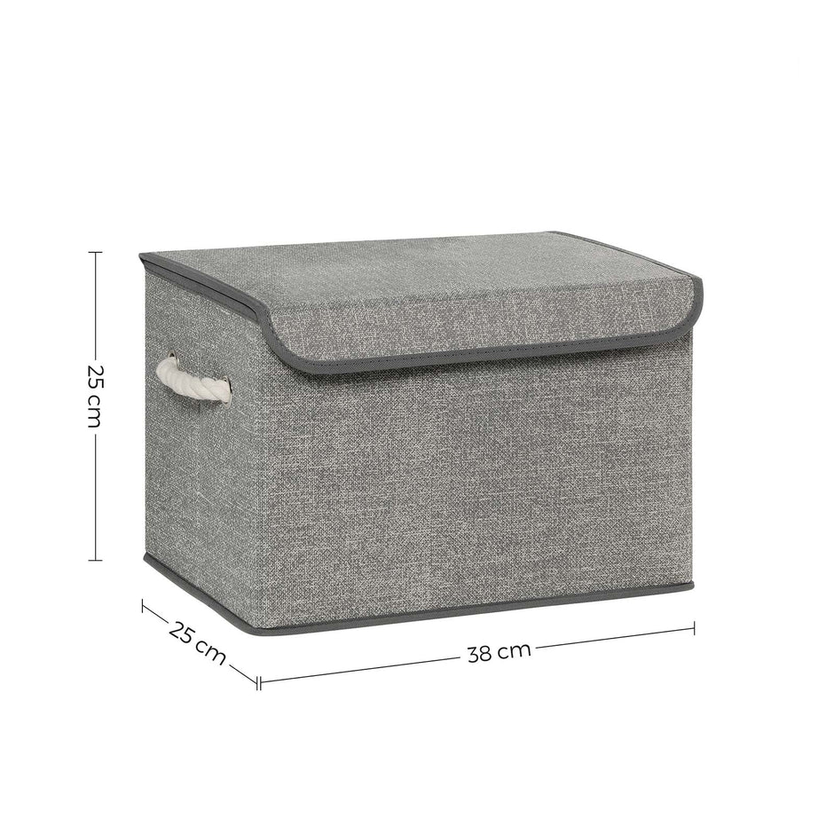 Set of 3 Fabric Storage Boxes – Linen – Grey – with Lid and Cotton Handles