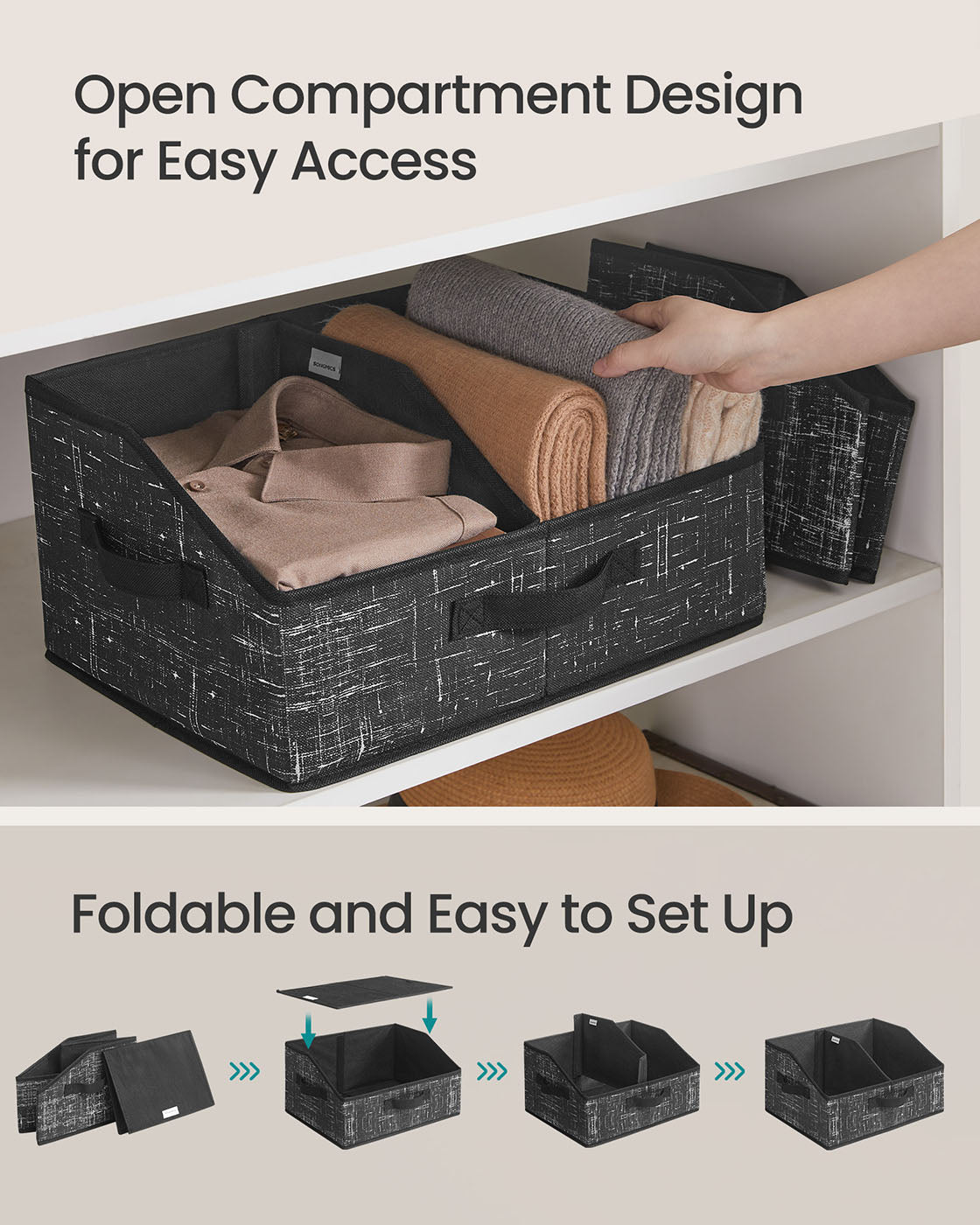 Collapsible Storage Boxes Set – Fabric – Ink Black – Set of 6 with 3 Handles