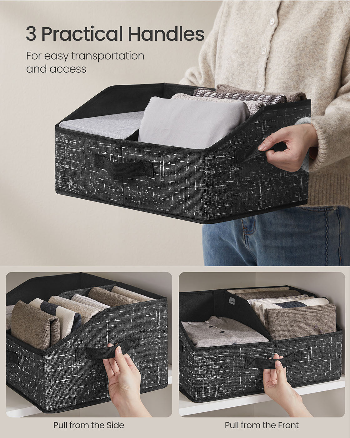 Collapsible Storage Boxes Set – Fabric – Ink Black – Set of 6 with 3 Handles