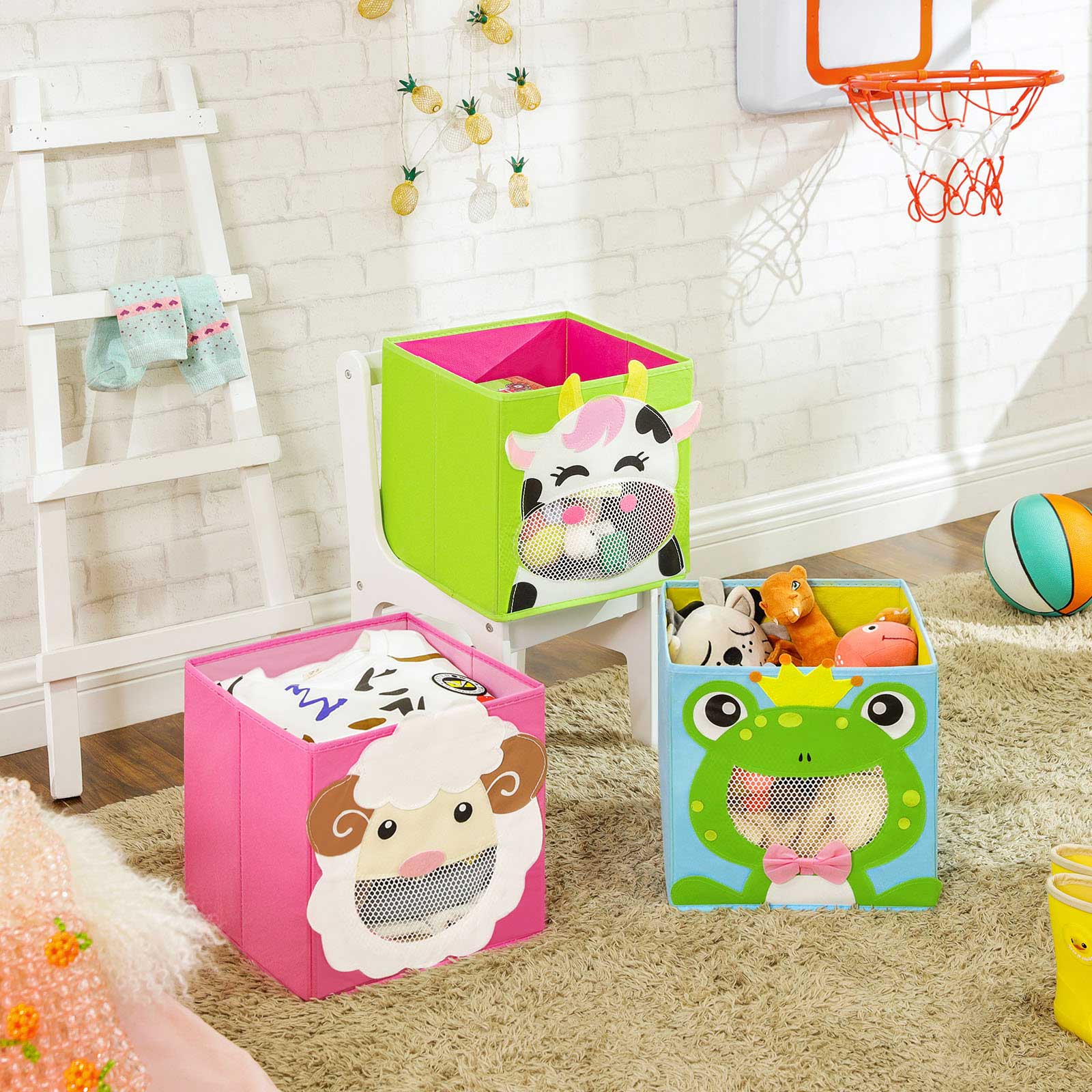 Foldable Storage Boxes – Fabric – Multicolor – Set of 3 with Animal Motifs