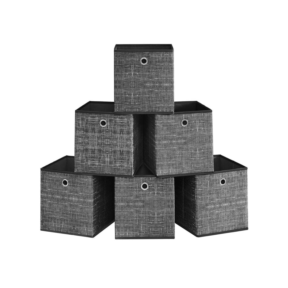 Set of 6 Foldable Fabric Storage Boxes – Heathered Black – 30 x 30 x 30 cm – Convenient Fingerhole