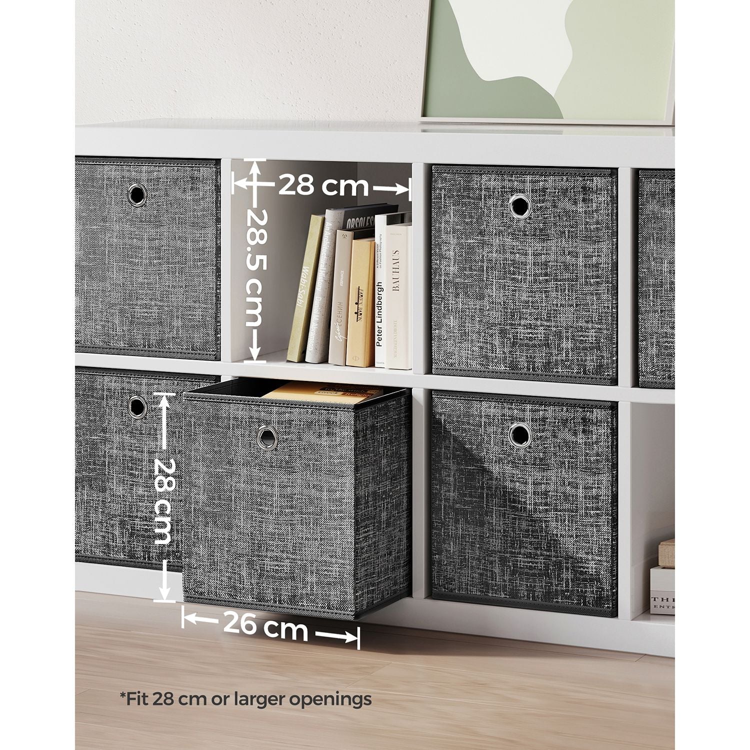 Set of 6 Foldable Fabric Storage Boxes – Heathered Black – 30 x 30 x 30 cm – Convenient Fingerhole