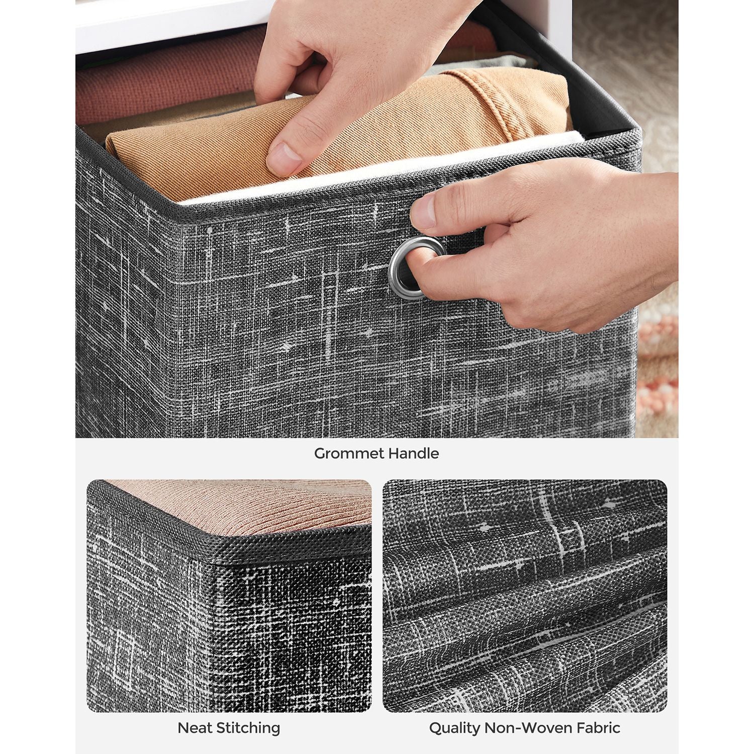 Set of 6 Foldable Fabric Storage Boxes – Heathered Black – 30 x 30 x 30 cm – Convenient Fingerhole