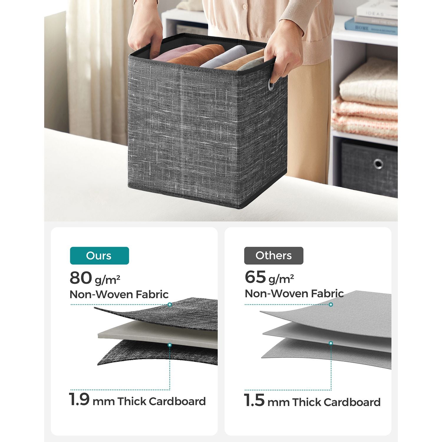 Set of 6 Foldable Fabric Storage Boxes – Heathered Black – 30 x 30 x 30 cm – Convenient Fingerhole