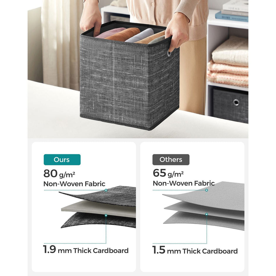 Set of 6 Foldable Fabric Storage Boxes – Heathered Black – 30 x 30 x 30 cm – Convenient Fingerhole