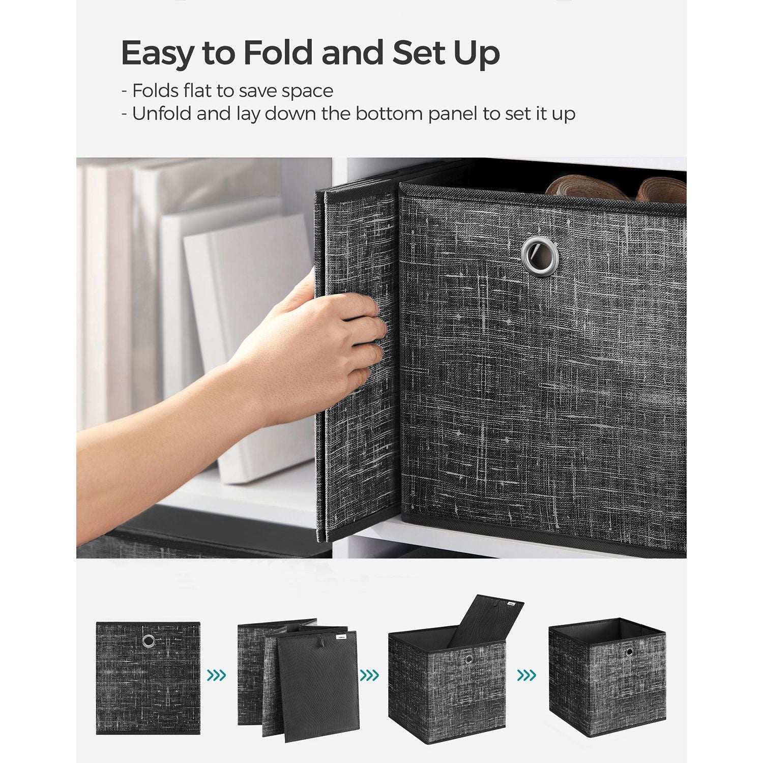 Set of 6 Foldable Fabric Storage Boxes – Heathered Black – 30 x 30 x 30 cm – Convenient Fingerhole