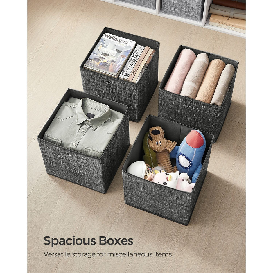 Set of 6 Foldable Fabric Storage Boxes – Heathered Black – 30 x 30 x 30 cm – Convenient Fingerhole