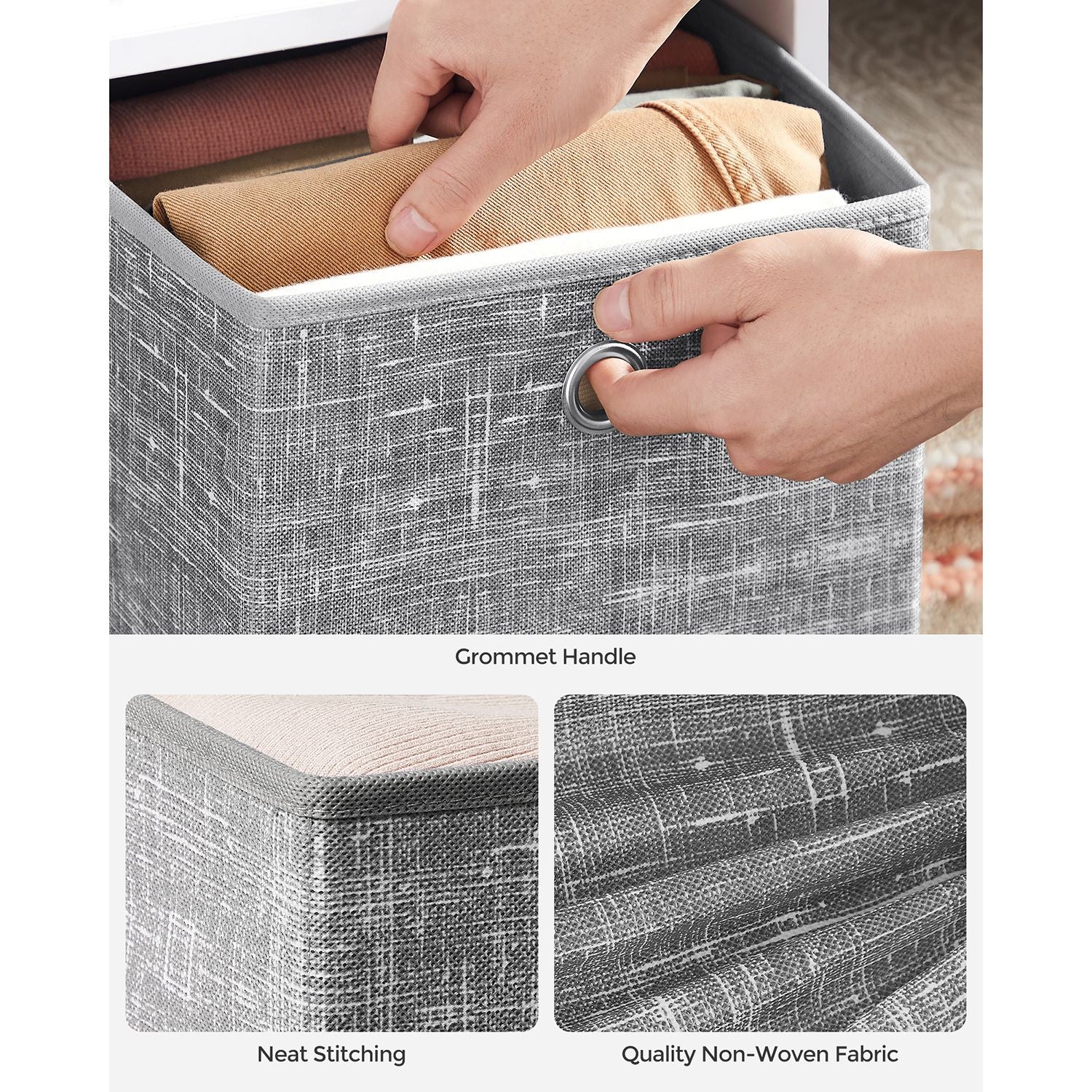 Fabric Storage Boxes – Heathered Grey – Set of 6 – Foldable with Fingerhole