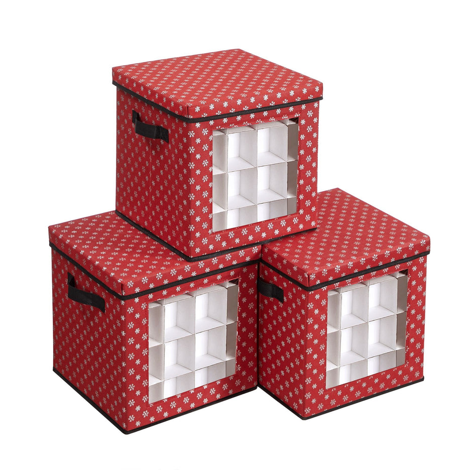 Christmas Bauble Storage Boxes – Fabric – Green – Set of 3 with 64 Compartments and Modular Dividers