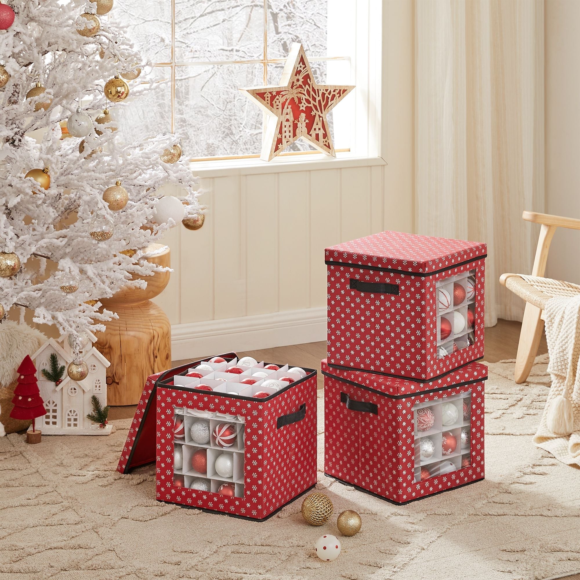 Christmas Bauble Storage Boxes – Fabric – Green – Set of 3 with 64 Compartments and Modular Dividers