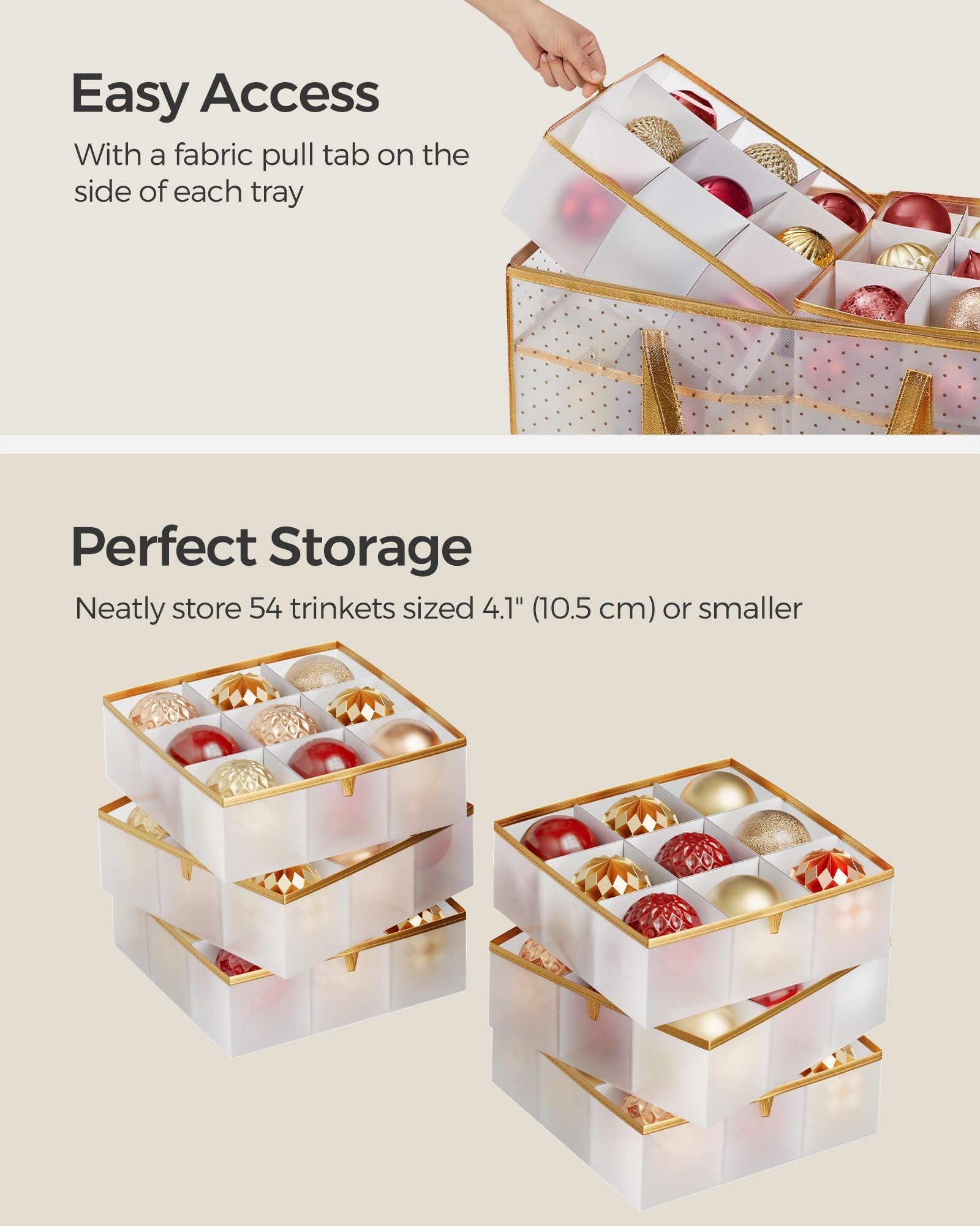 Christmas Bauble Storage Box – Plastic – Sandy Gold – 54 Slots with Lid and Dual Zippers