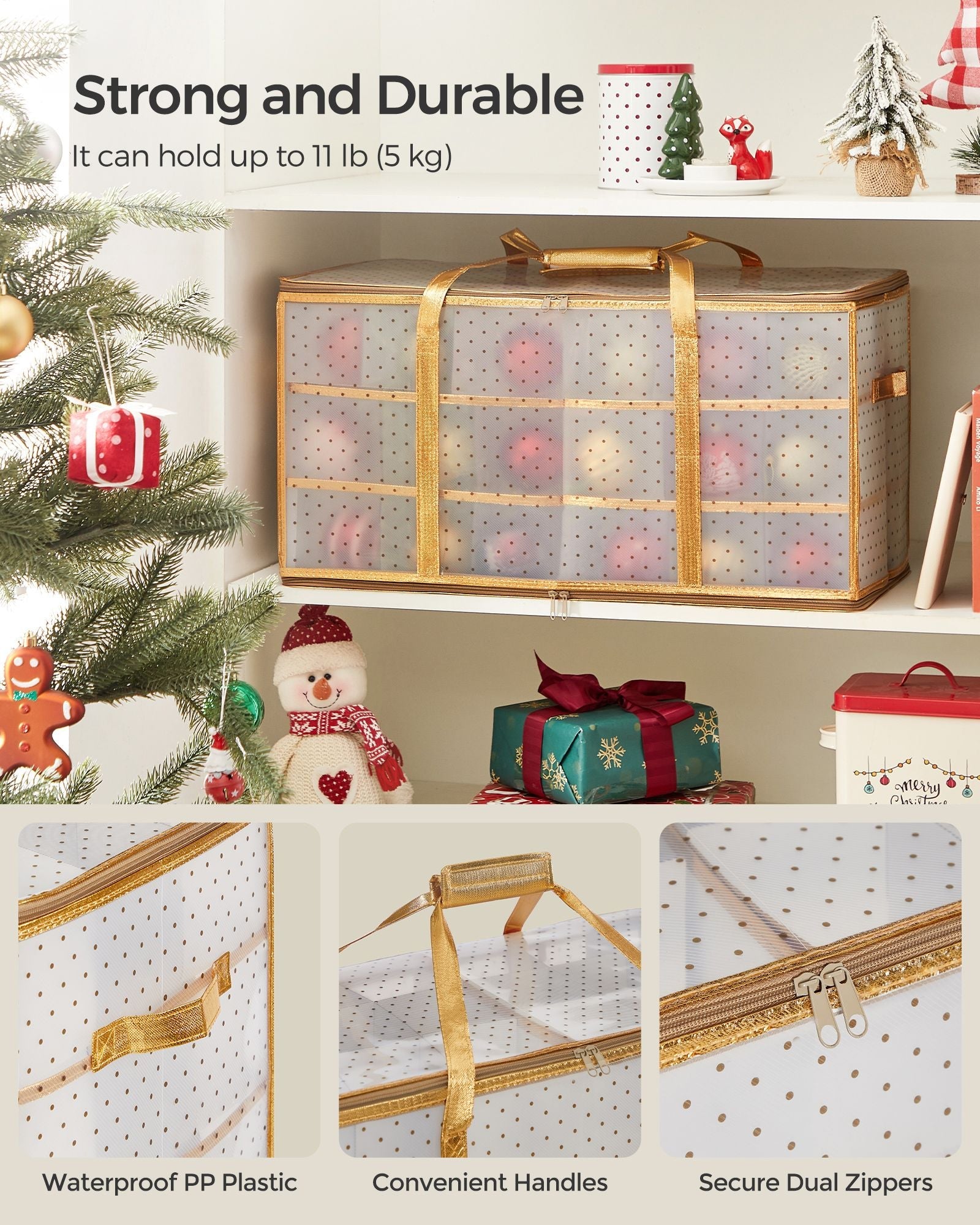 Christmas Bauble Storage Box – Plastic – Sandy Gold – 54 Slots with Lid and Dual Zippers