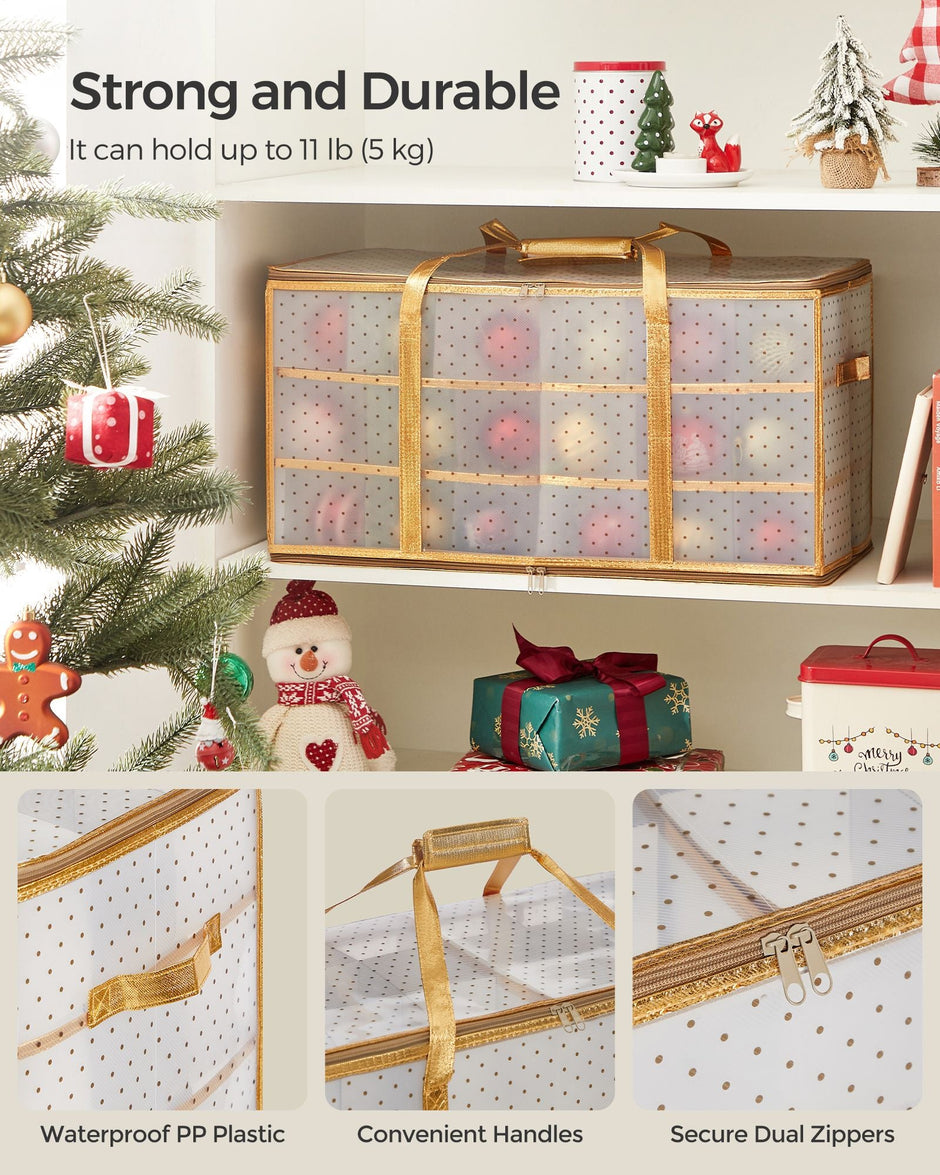 Christmas Bauble Storage Box – Plastic – Sandy Gold – 54 Slots with Lid and Dual Zippers