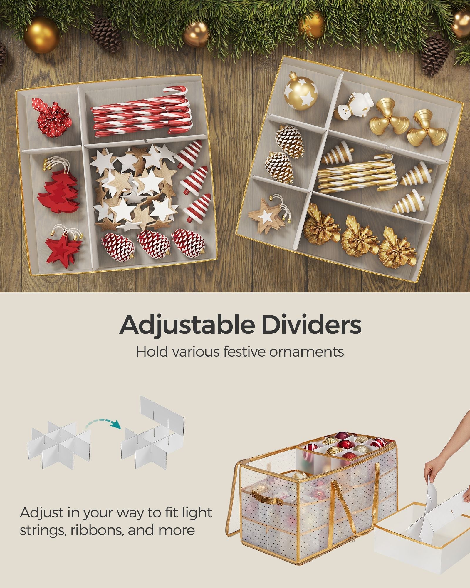 Christmas Bauble Storage Box – Plastic – Sandy Gold – 54 Slots with Lid and Dual Zippers