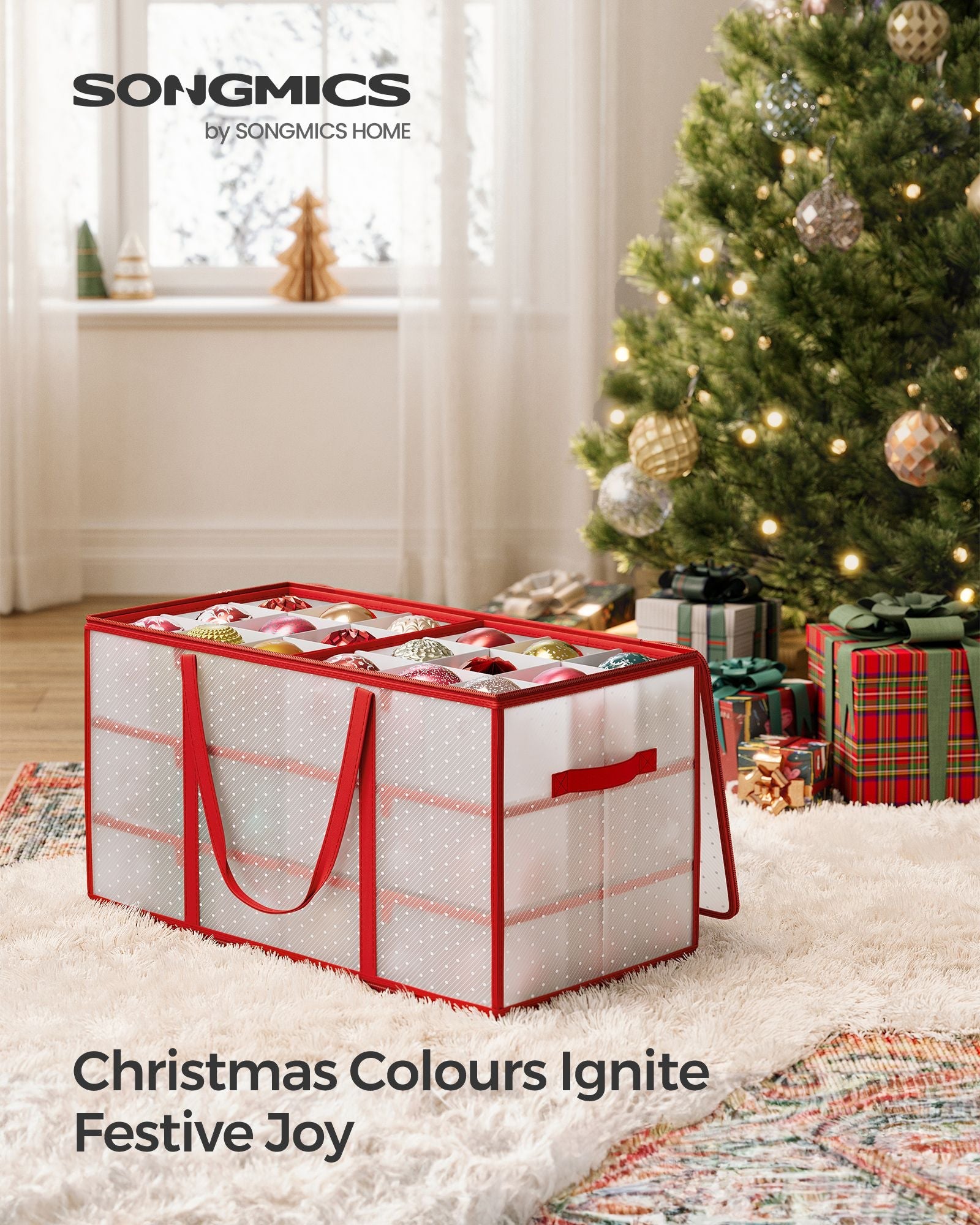 Christmas Bauble Storage Box – Plastic – Sandy Gold – 54 Slots with Lid and Dual Zippers