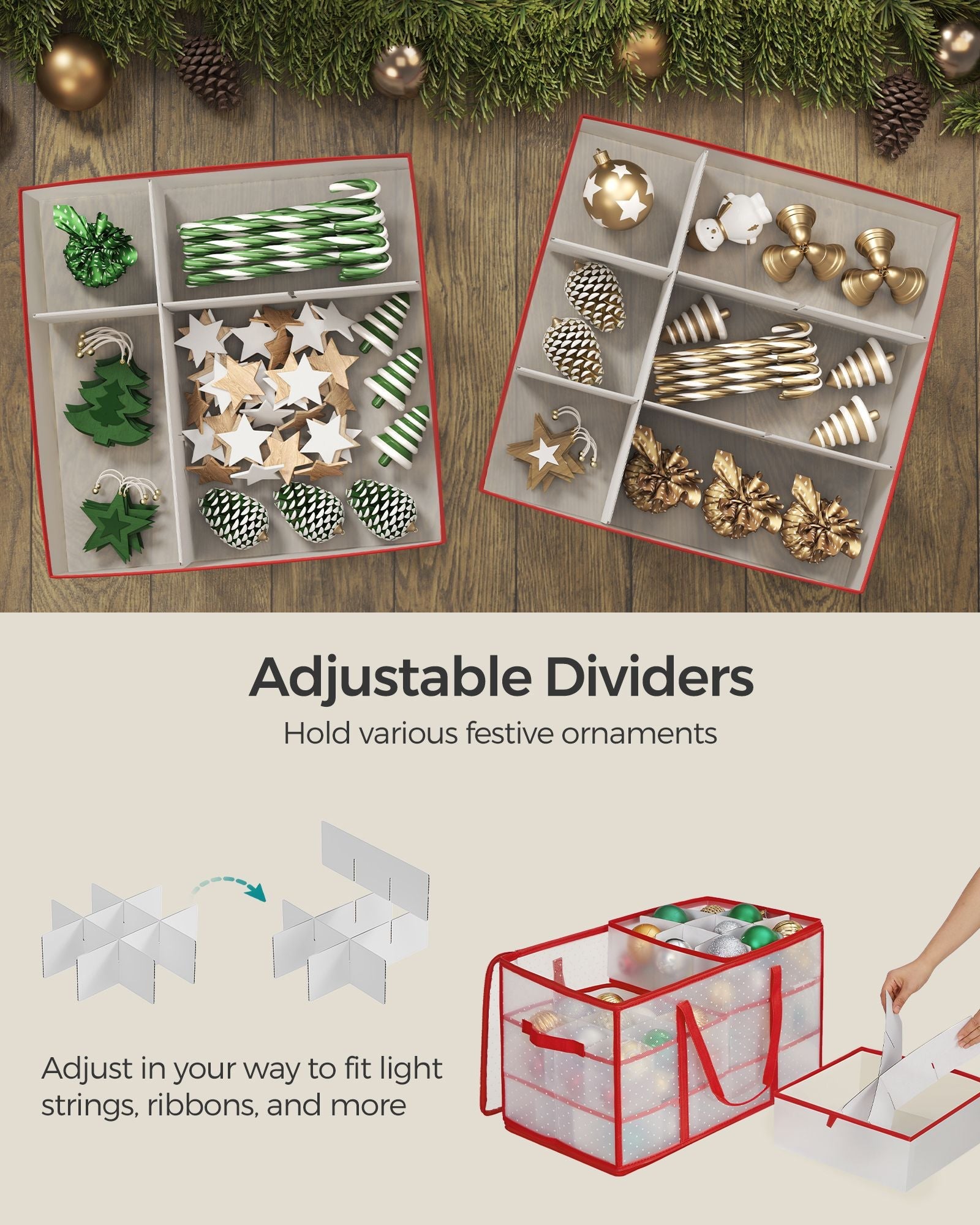 Christmas Bauble Storage Box – Plastic – Sandy Gold – 54 Slots with Lid and Dual Zippers