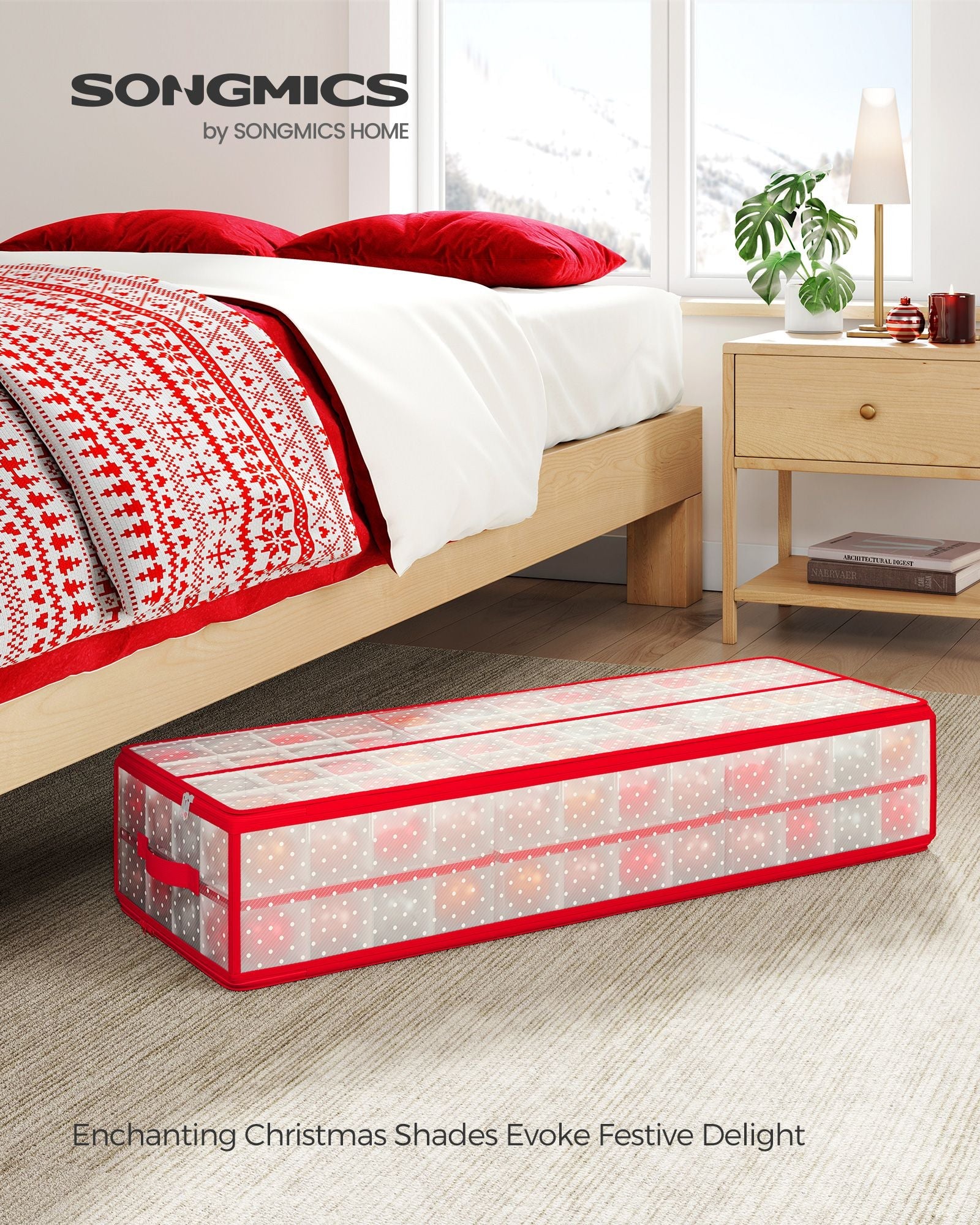 Christmas Ornament Storage Box – Fabric – Cherry Red – 96 Slots with Dividers and Zippers