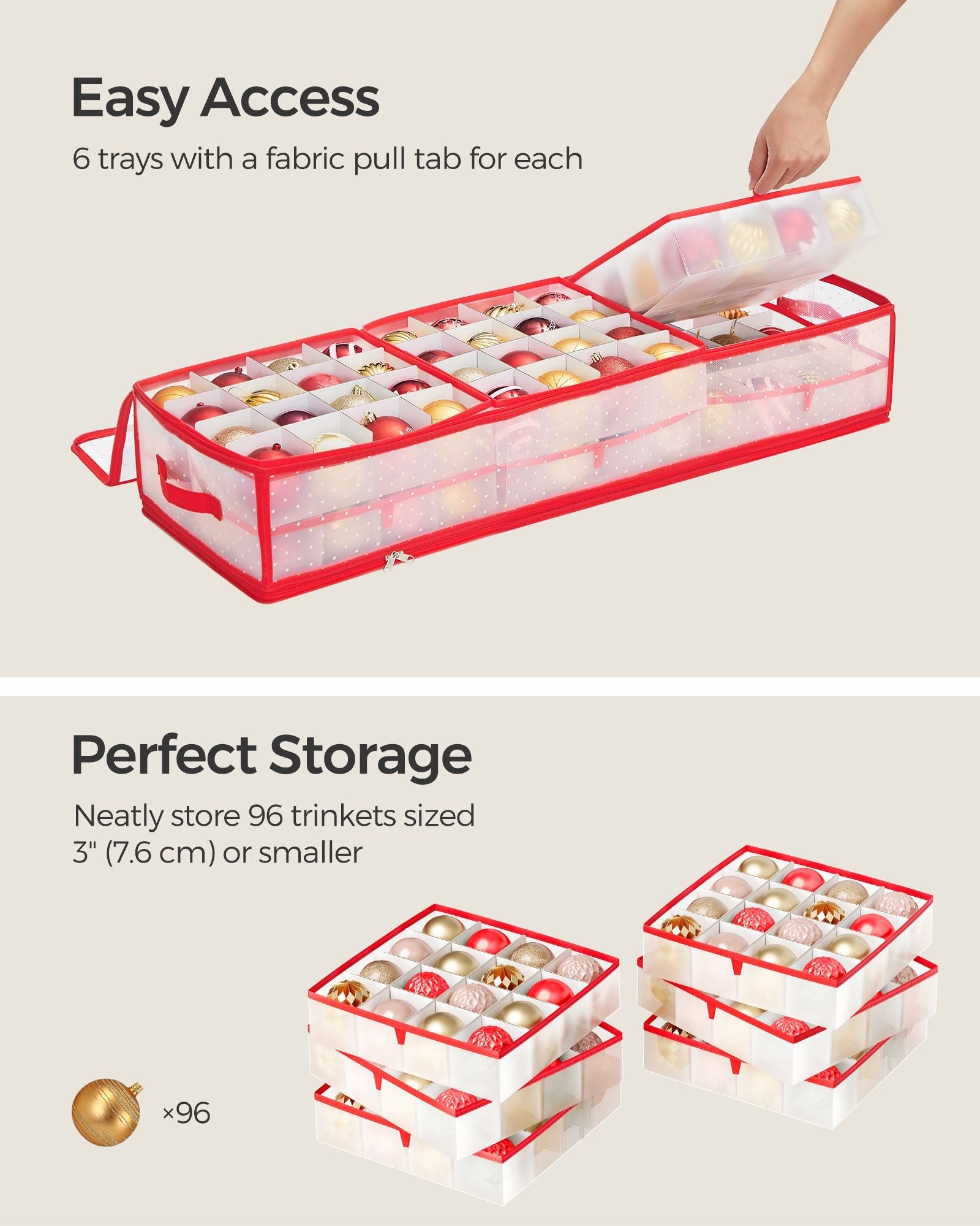 Christmas Ornament Storage Box – Fabric – Cherry Red – 96 Slots with Dividers and Zippers