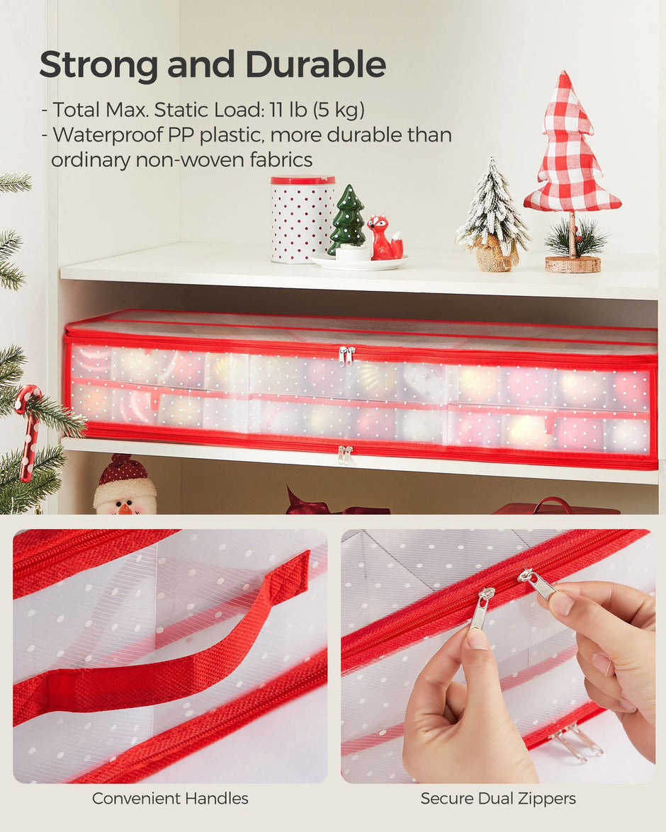 Christmas Ornament Storage Box – Fabric – Cherry Red – 96 Slots with Dividers and Zippers