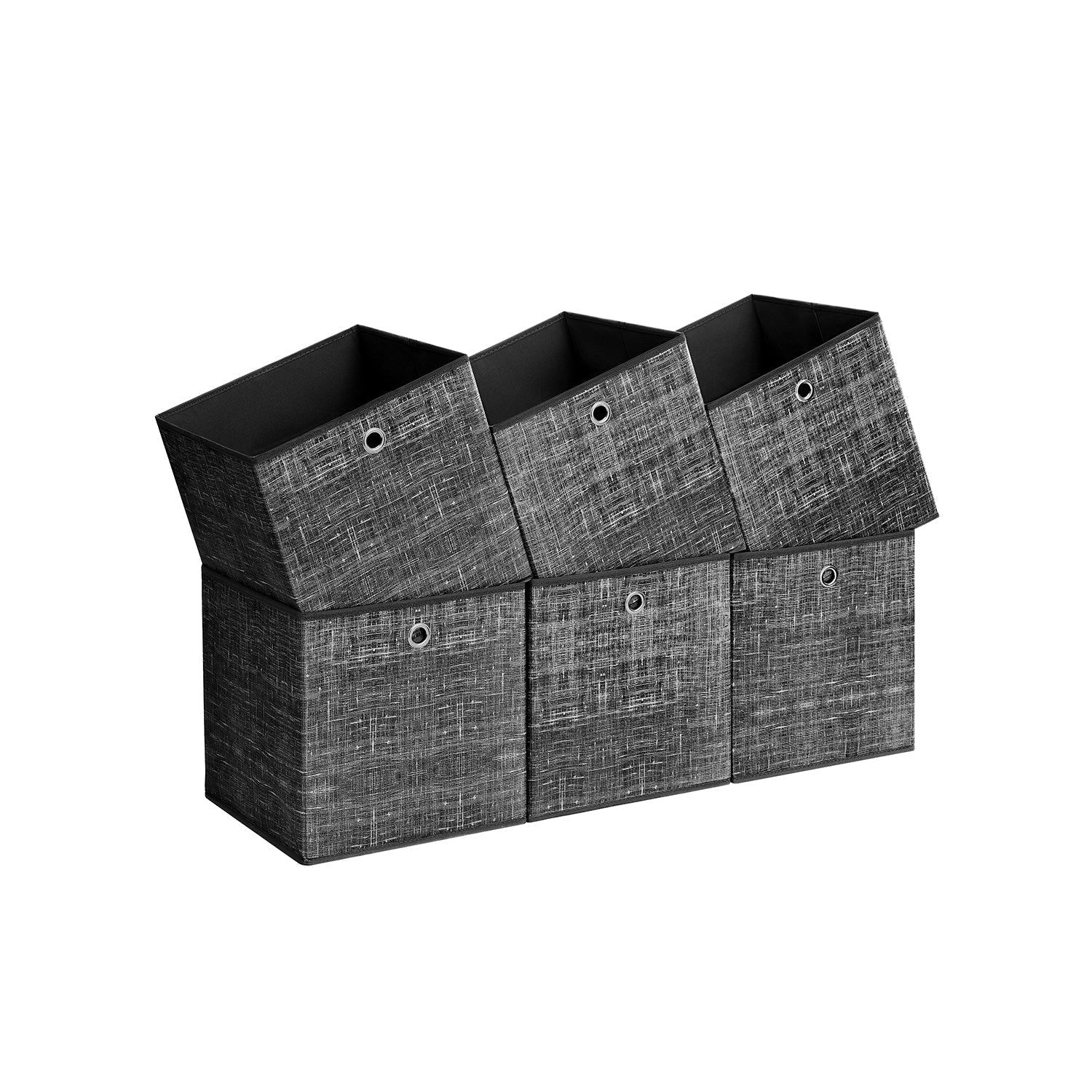 Set of 6 Foldable Fabric Storage Boxes – Heathered Black – 30 x 30 x 30 cm – Convenient Fingerhole