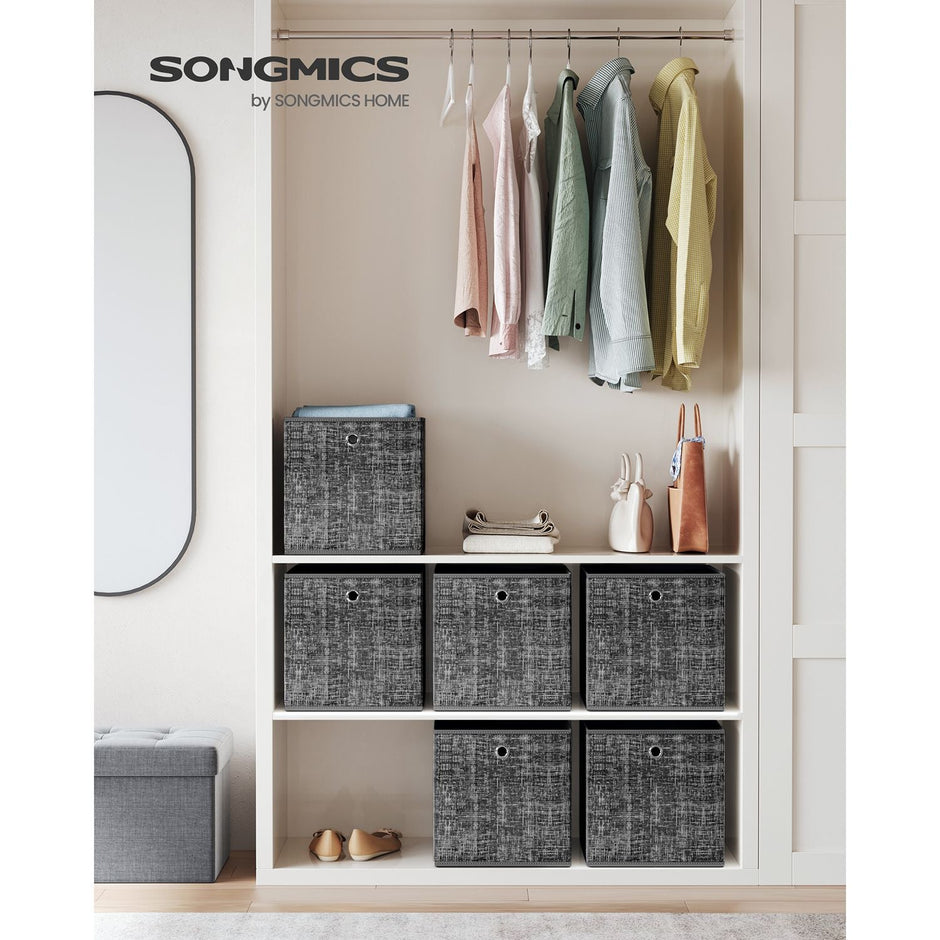 Set of 6 Foldable Fabric Storage Boxes – Heathered Black – 30 x 30 x 30 cm – Convenient Fingerhole