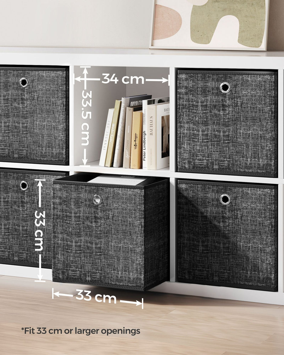 Set of 6 Foldable Fabric Storage Boxes – Heathered Black – 30 x 30 x 30 cm – Convenient Fingerhole